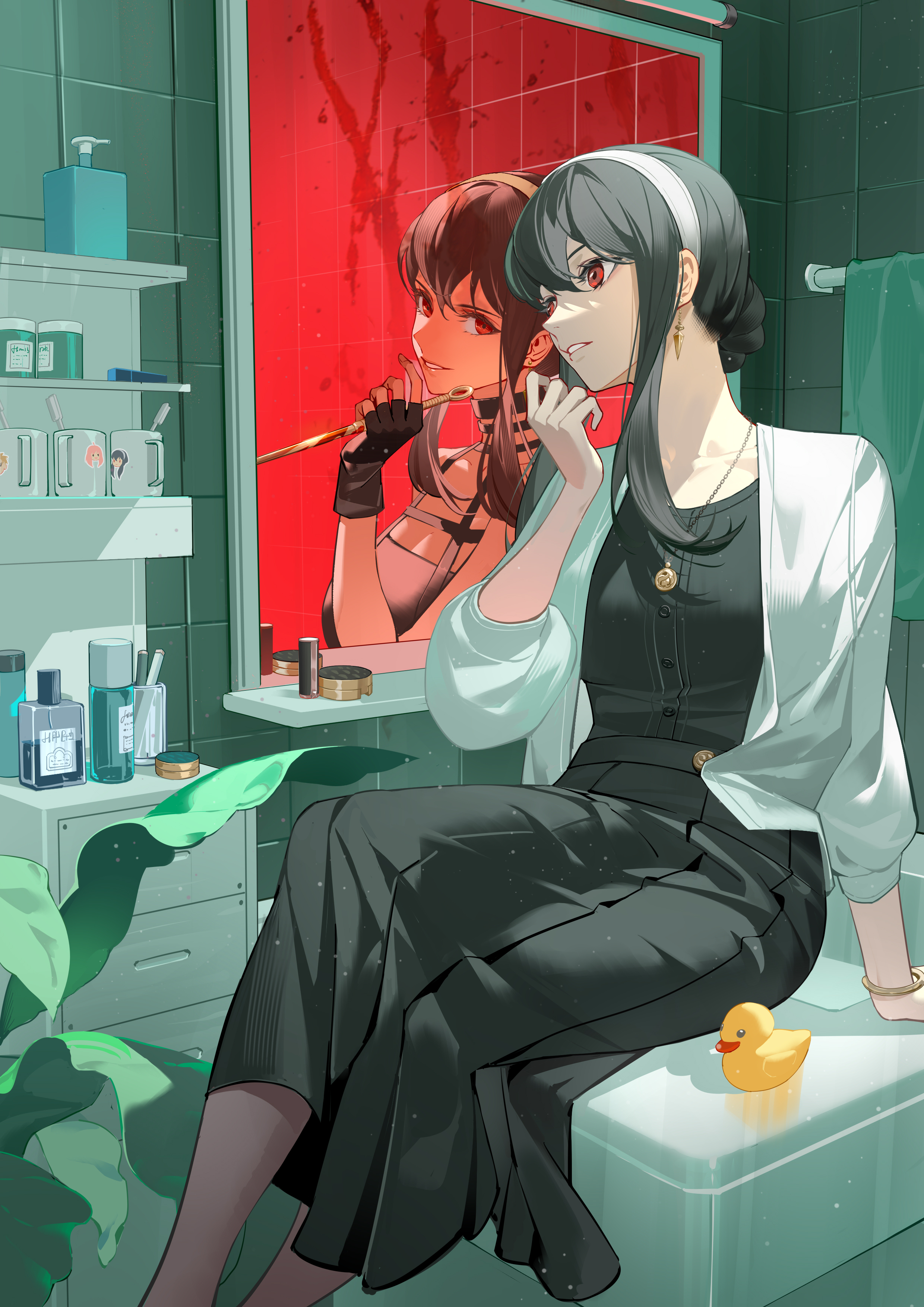 Wallpaper, anime girls, Yor Forger, Spy x Family, mirror, reflection, rubber ducks, red eyes, black hair 2480x3508