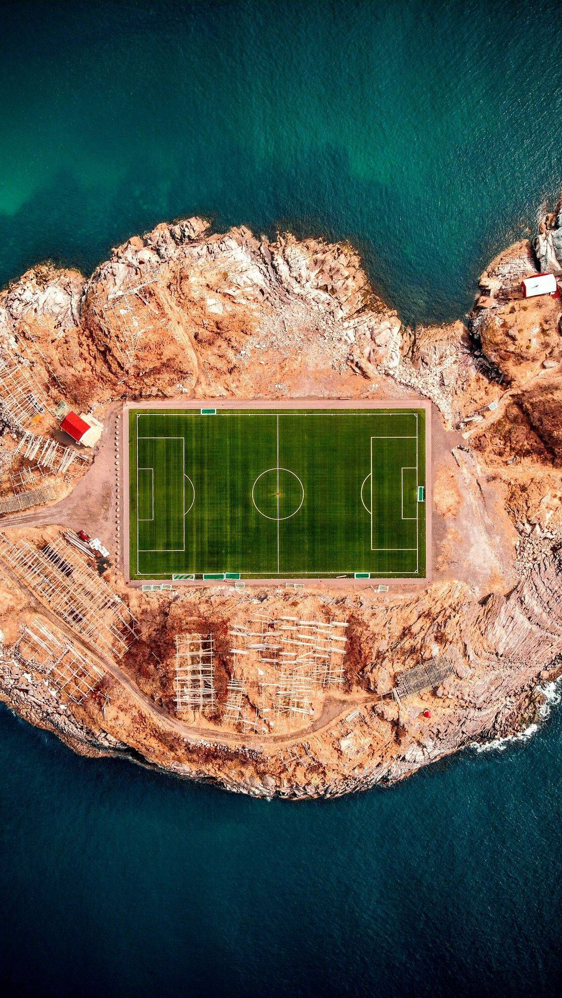 Football Stadium in Henningsvær iPhone Wallpaper Wallpaper. Aerial photo, Birds eye, Aerial