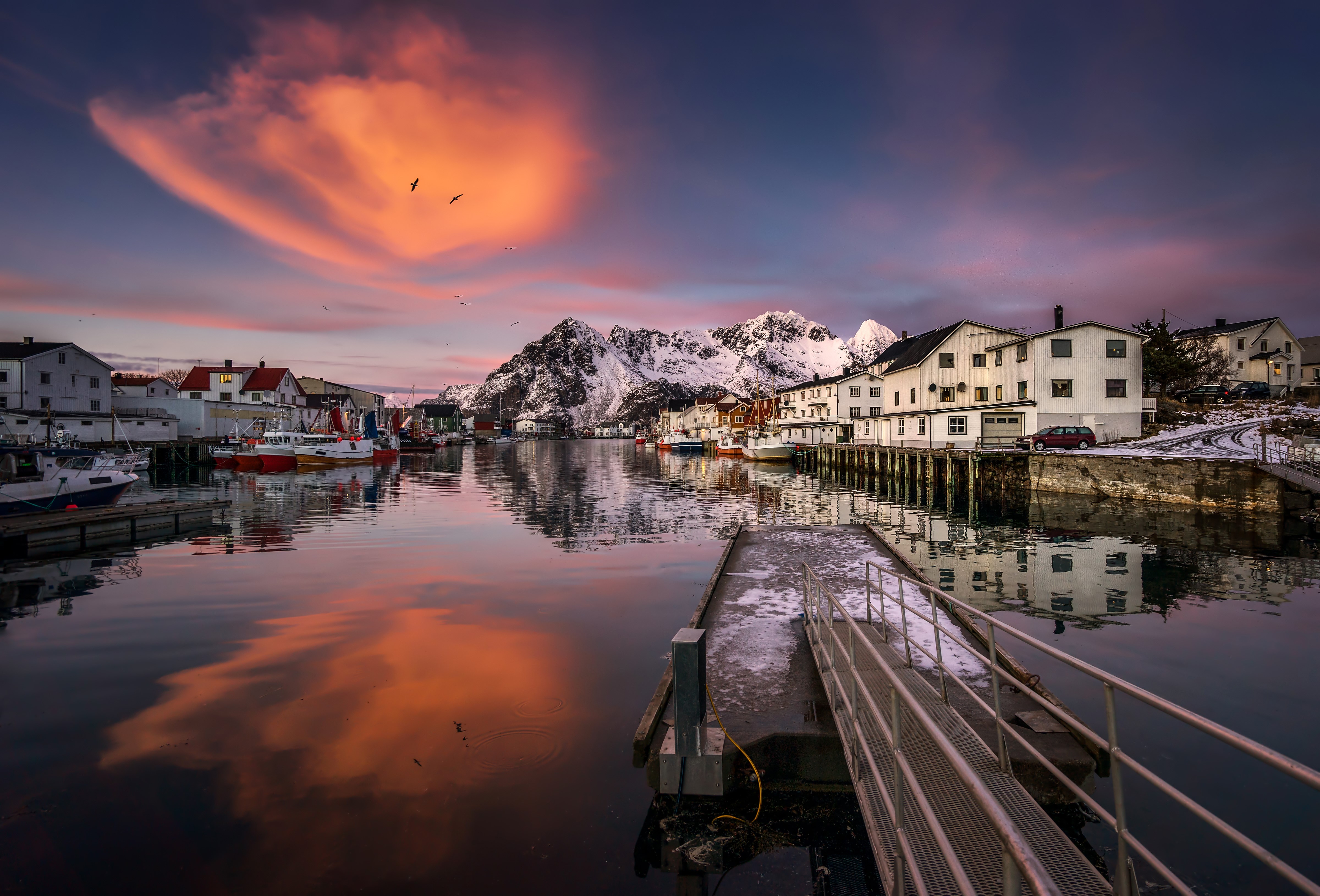 4K, Henningsvaer village, Lofoten, Norway, Houses, Marinas, Mountains, Evening Gallery HD Wallpaper