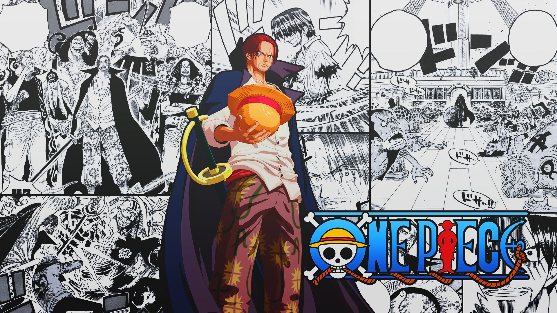 comics, collage, Shanks, straw hat, speech bubble, One Piece, manga Gallery HD Wallpaper