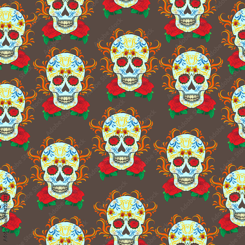 Day of the Dead celebration, a festival in Mexico. Sugar Skull seamless pattern, skeleton background, texture, wallpaper. Skull rock background. Stock Illustration