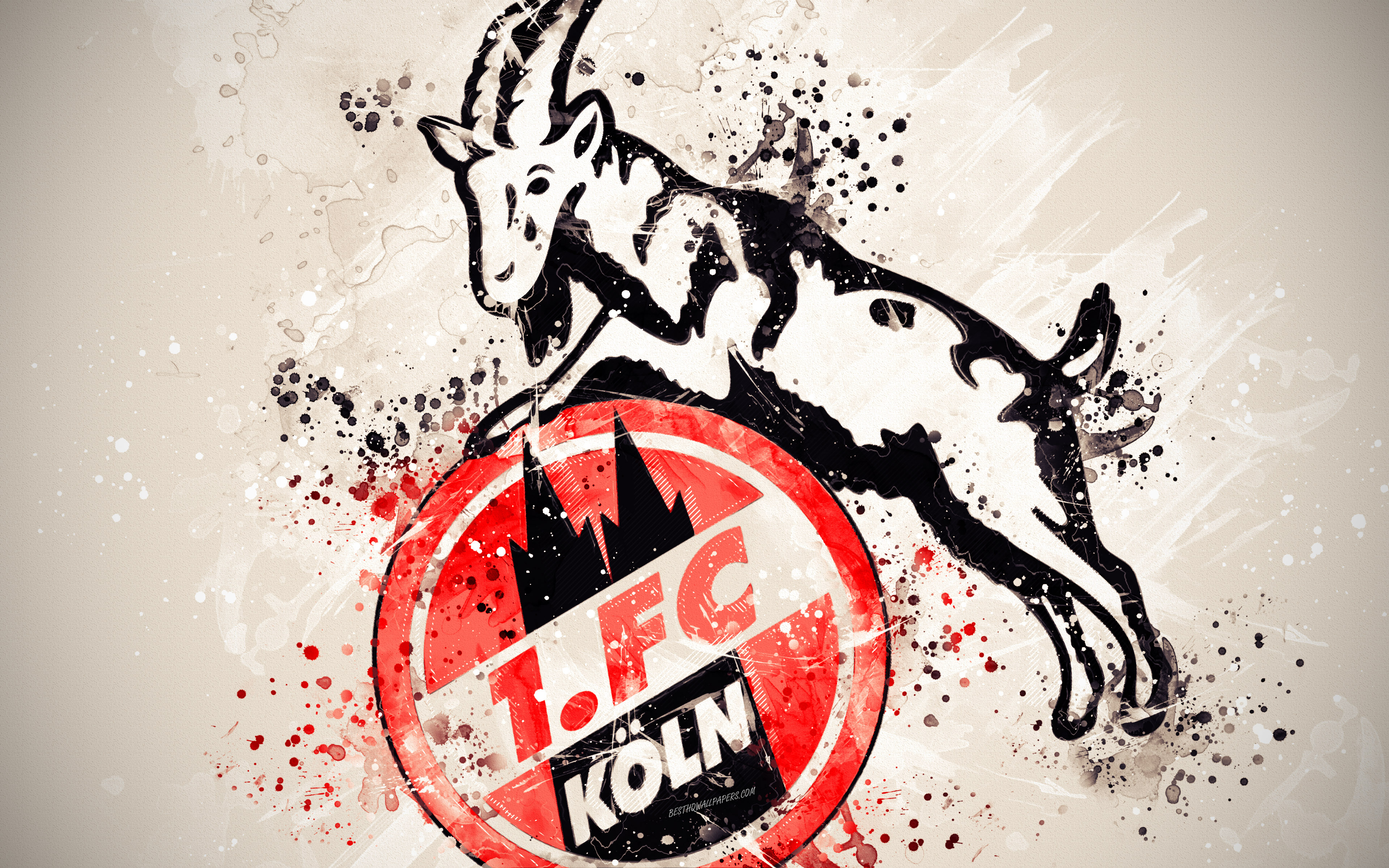 Download wallpaper FC Koln, 4k, paint art, logo, creative, German football team, Bundesliga 2, emblem, white background, grunge style, Cologne, Germany, football for desktop with resolution 3840x2400. High Quality HD picture wallpaper