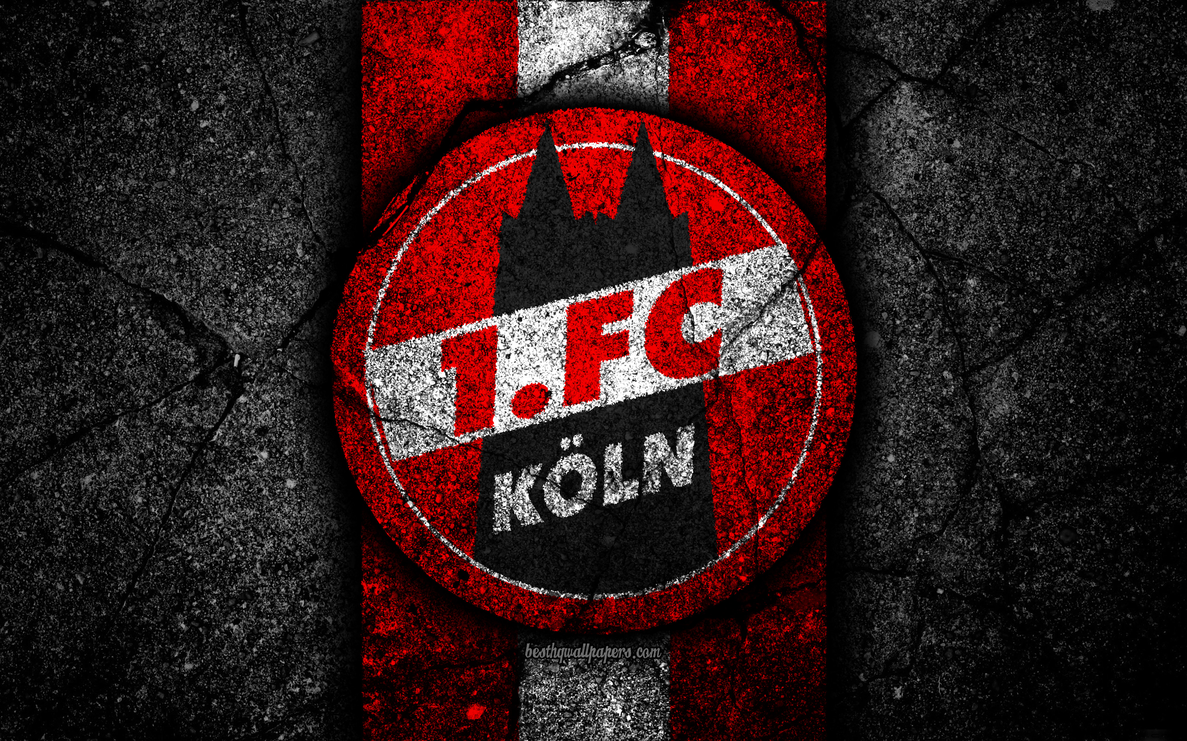 Download wallpaper Koln FC, 4k, grunge, logo, Bundesliga 2, creative, German football team, black stone, Koln, emblem, asphalt texture, Germany, FC Koln for desktop with resolution 3840x2400. High Quality HD picture wallpaper