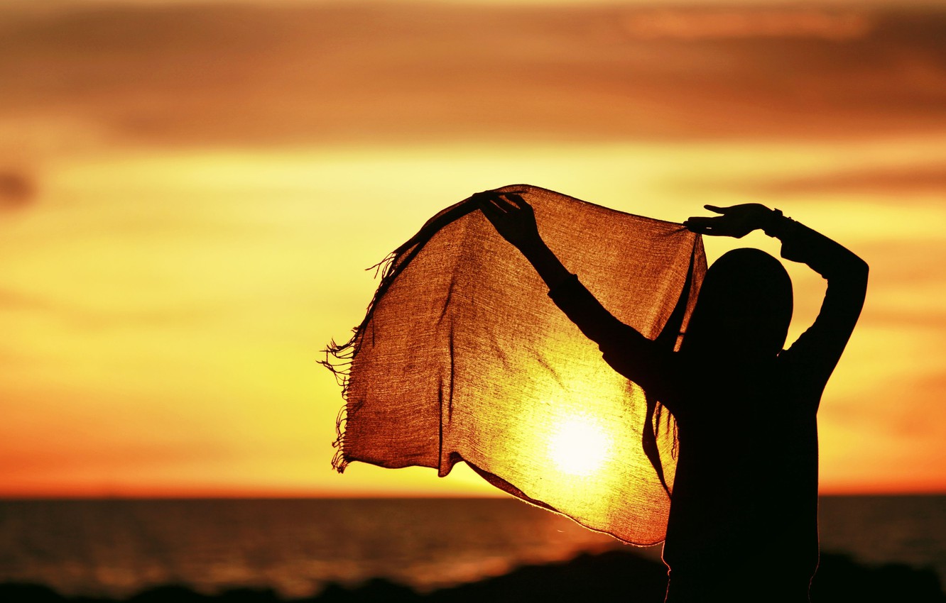 Wallpaper the sky, girl, the sun, sunset, background, movement, widescreen, Wallpaper, mood, calm, silence, hands, scarf, figure, horizon, silhouette image for desktop, section разное