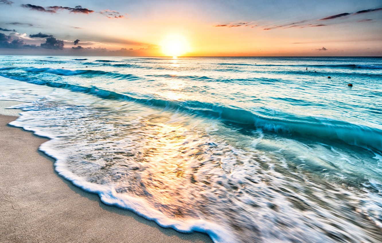 Wallpaper sand, sea, the sun, dawn, shore, horizon, Mexico, surf, Cancun image for desktop, section пейзажи