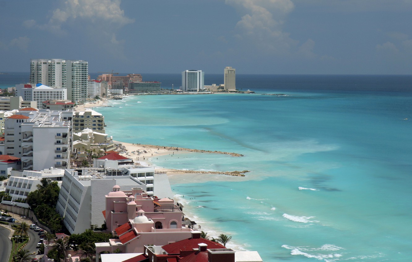 Wallpaper sea, beach, the sky, landscape, clouds, coast, home, horizon, Mexico, panorama, Cancun image for desktop, section город