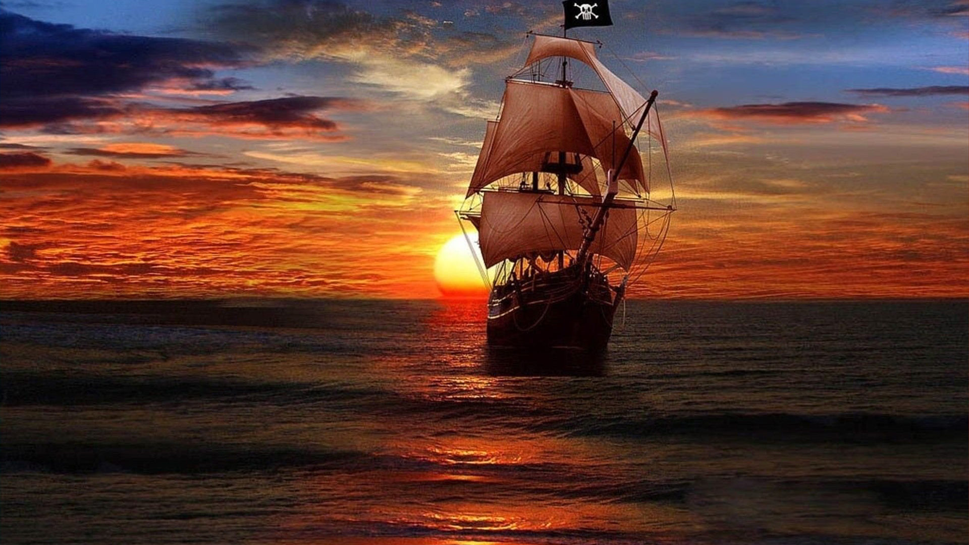 Sunset and Pirate Ship Fantasy art Desktop Wallpaper HD 1920x1200, Wallpaper13.com