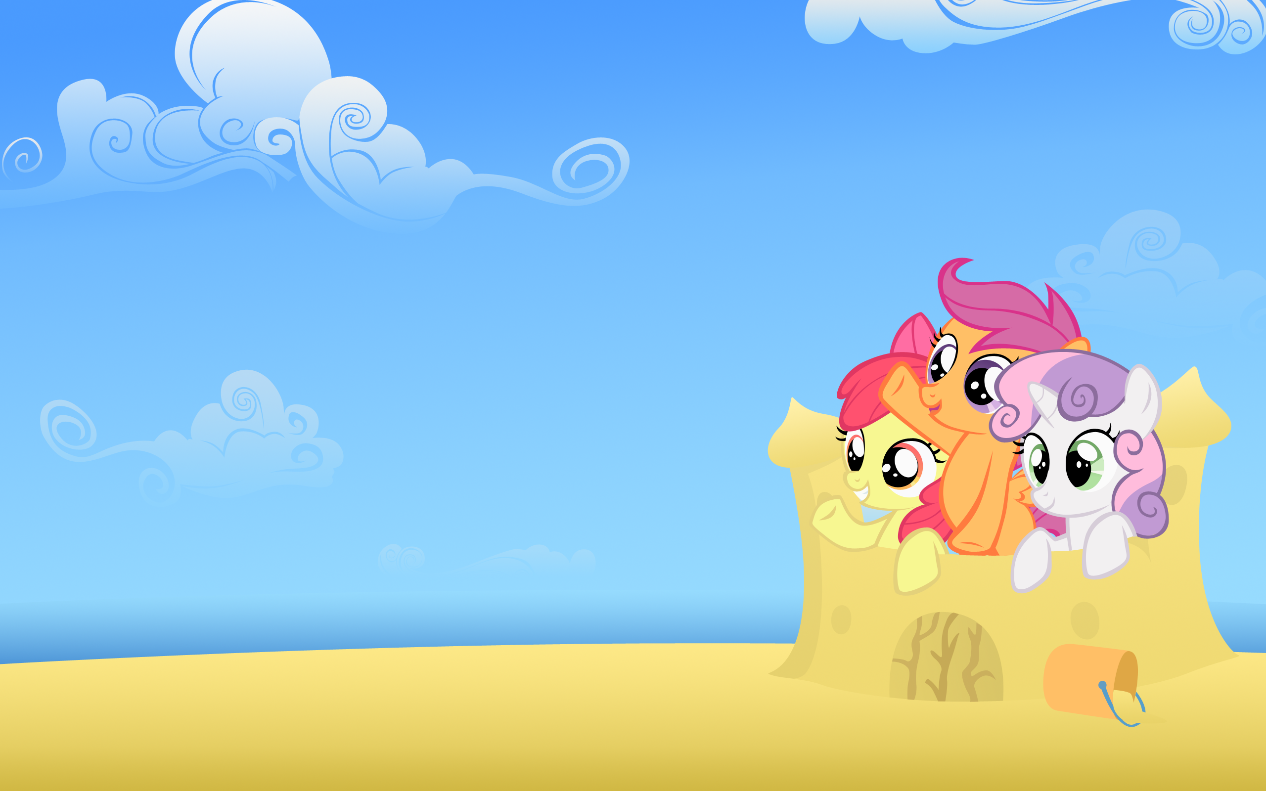 Wallpaper, illustration, sand, sky, clouds, yellow, blue, cartoon, My Little Pony, Sweetie Belle, scootaloo, Apple Bloom, computer wallpaper 2560x1600