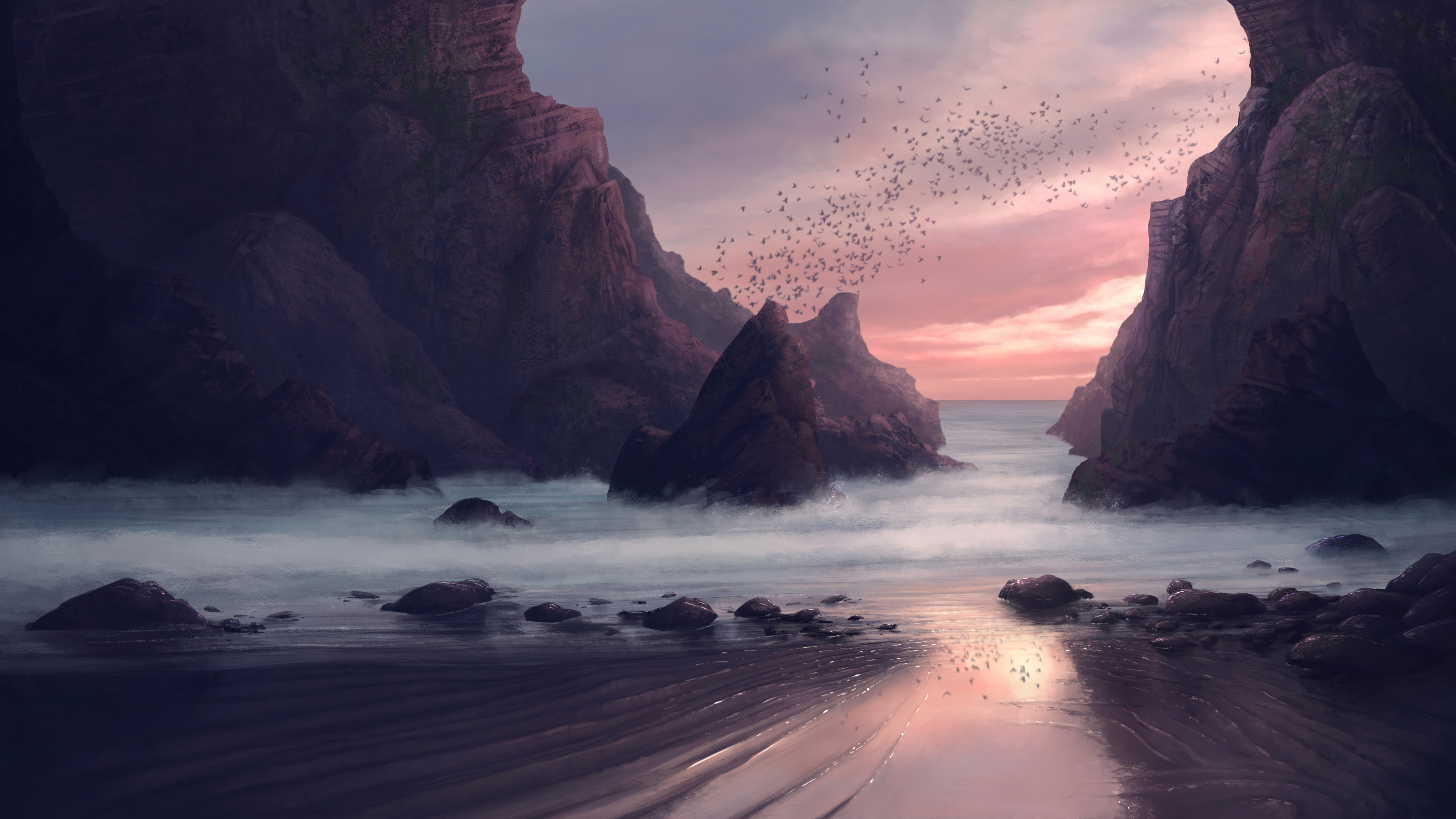 Beach Wallpaper 4K, Rocks, Sunset, Birds