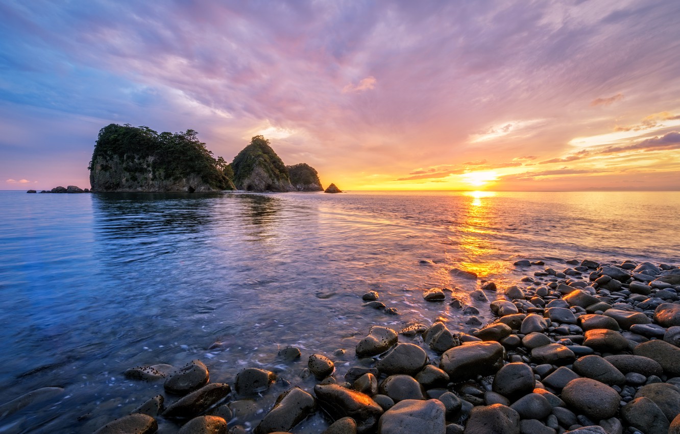 Wallpaper sea, beach, clouds, sunset, reflection, rocks, the evening, beach, sea, sunset, clouds, rocks, evening, reflection, отражениеreflection image for desktop, section пейзажи