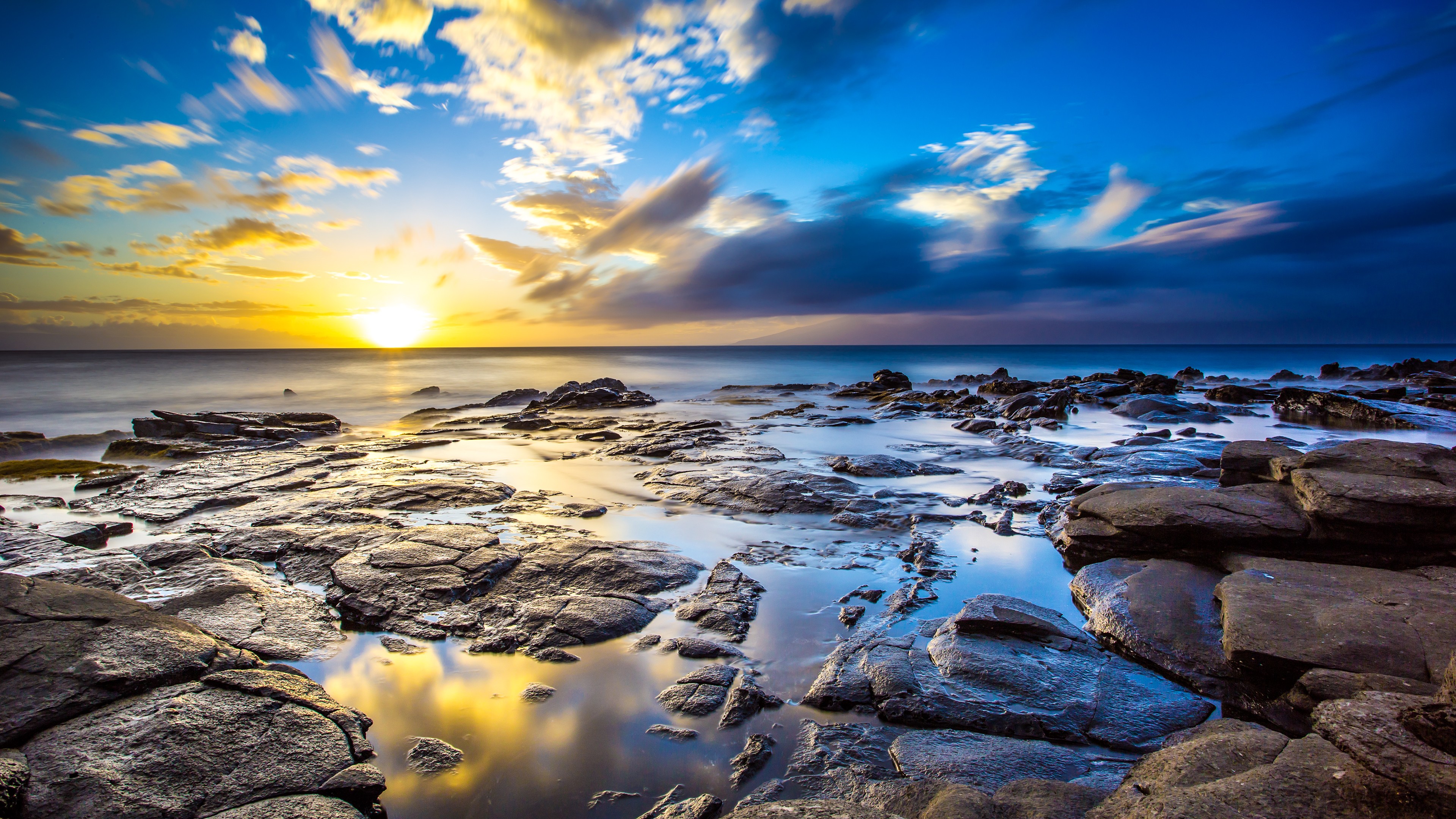 sunlight, coast, rocks, sky, sunset, beach, horizon, sea Gallery HD Wallpaper