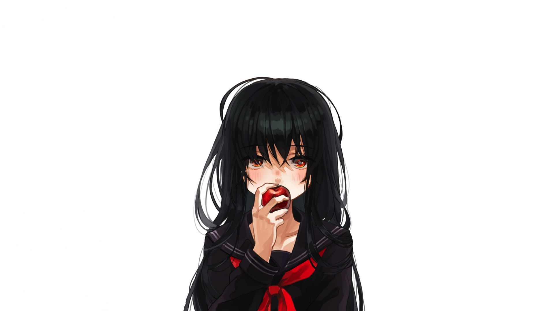 Desktop Wallpaper Black Hair, Anime Girl, School Dress, Apple, Original, HD Image, Picture, Background, 71e262