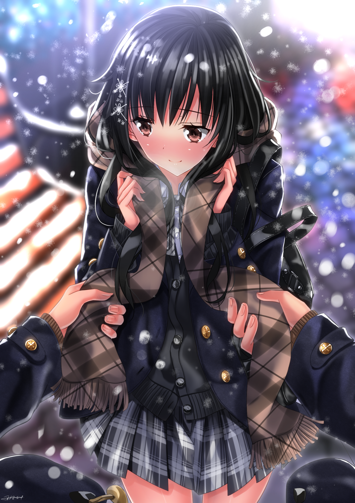 Wallpaper, long hair, anime girls, black hair, brown eyes, school uniform, original characters, scarf, blushing, Swordsouls, screenshot 1187x1680