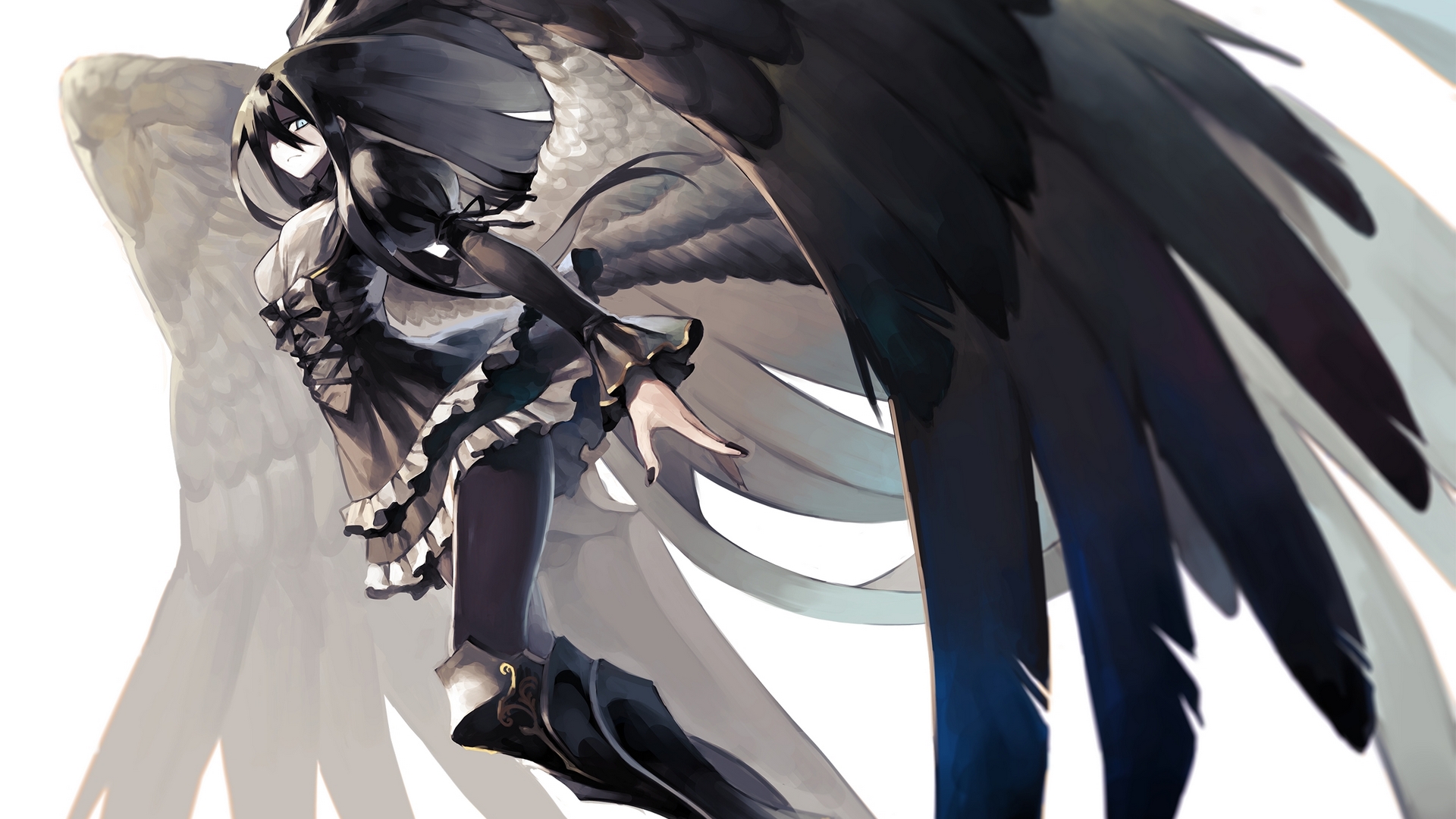 Wallpaper / pretty, dress, beautiful, woman, sweet, anime, beauty, anime girl, long hair, feathers, black hair, female, wings, lovely, angel, black, cute, girl, lady, white free download