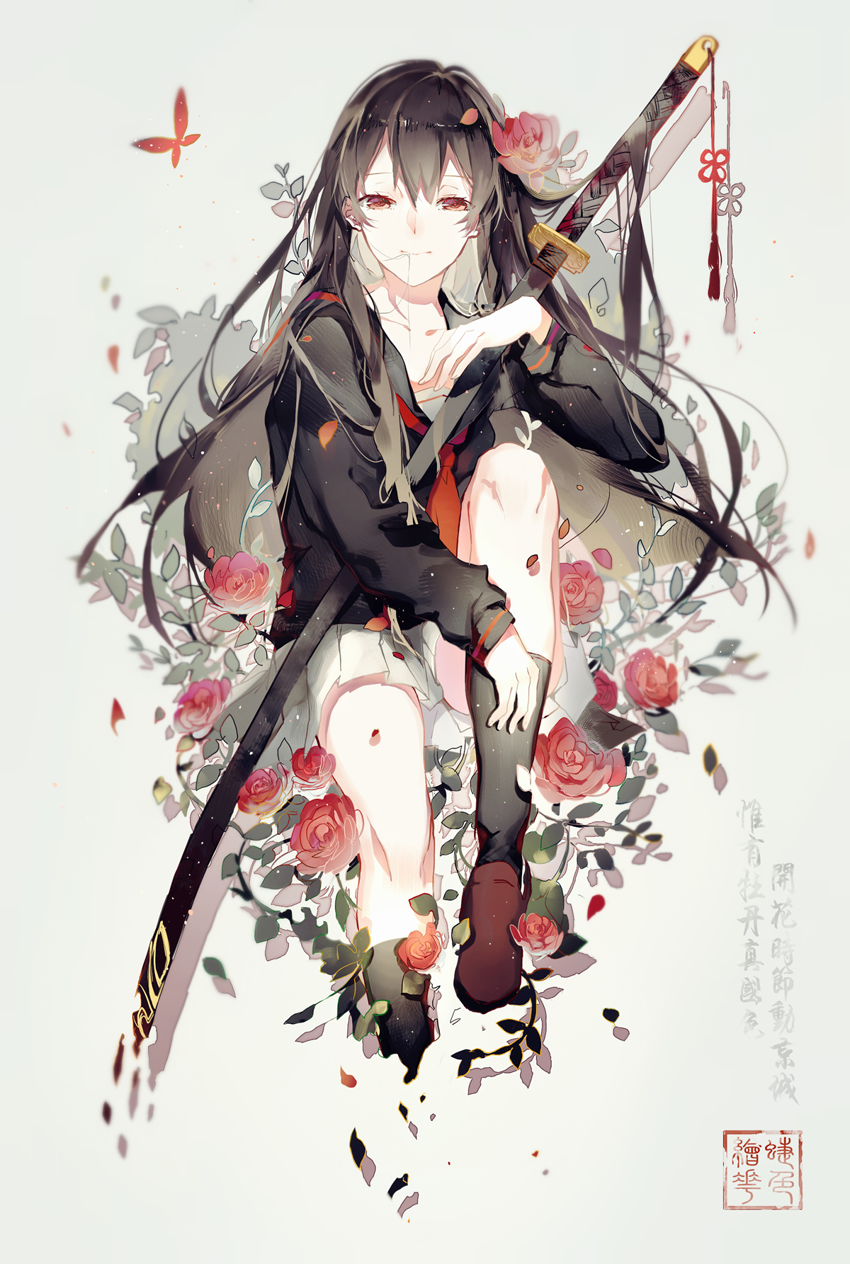 Wallpaper, anime girls, black hair, red eyes, flowers, rose, Akame ga Kill 1200x1785