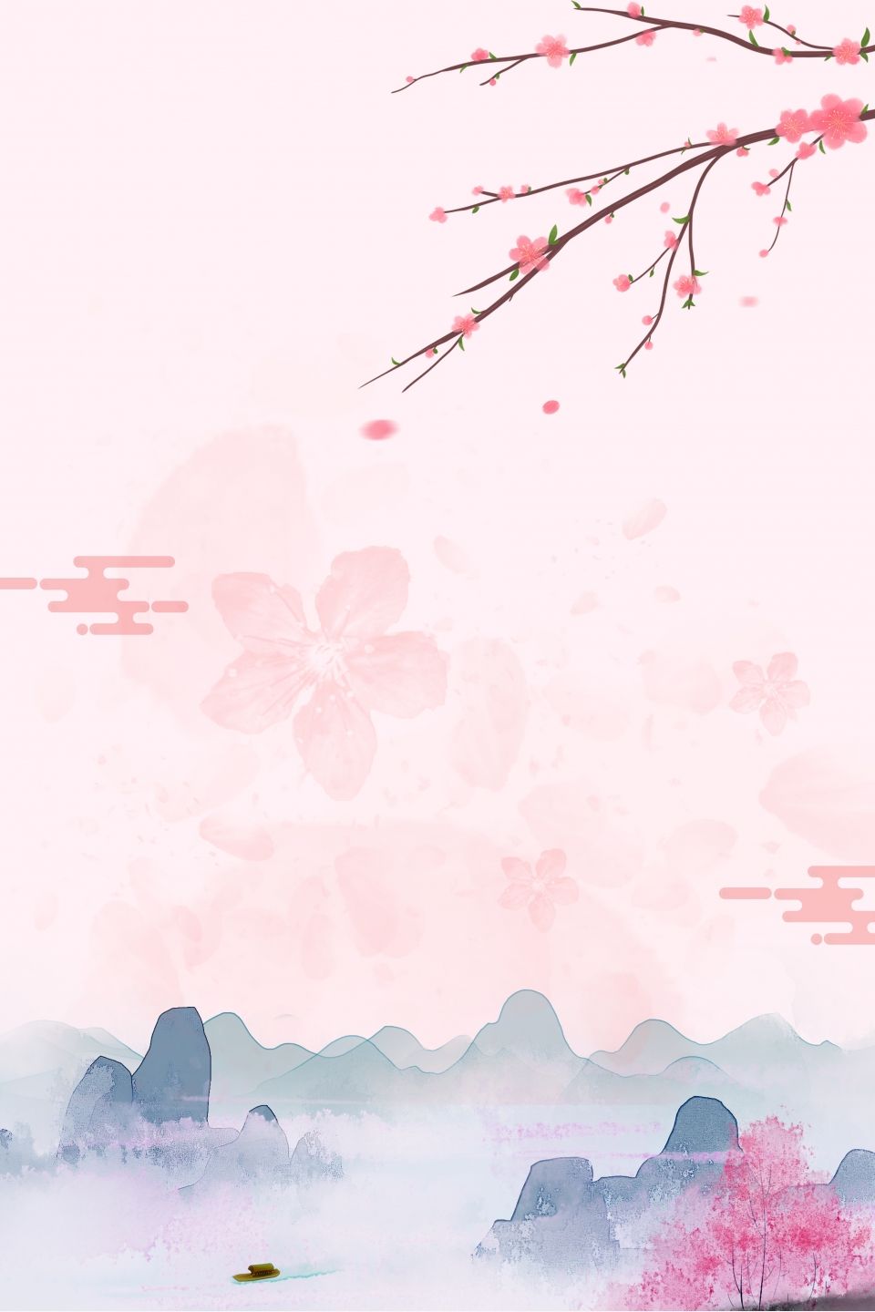 Pink Chinese Style Spring Flower Viewing Apricot Flower Far Mountain Background. Spring background image, Anime scenery wallpaper, Chinese background