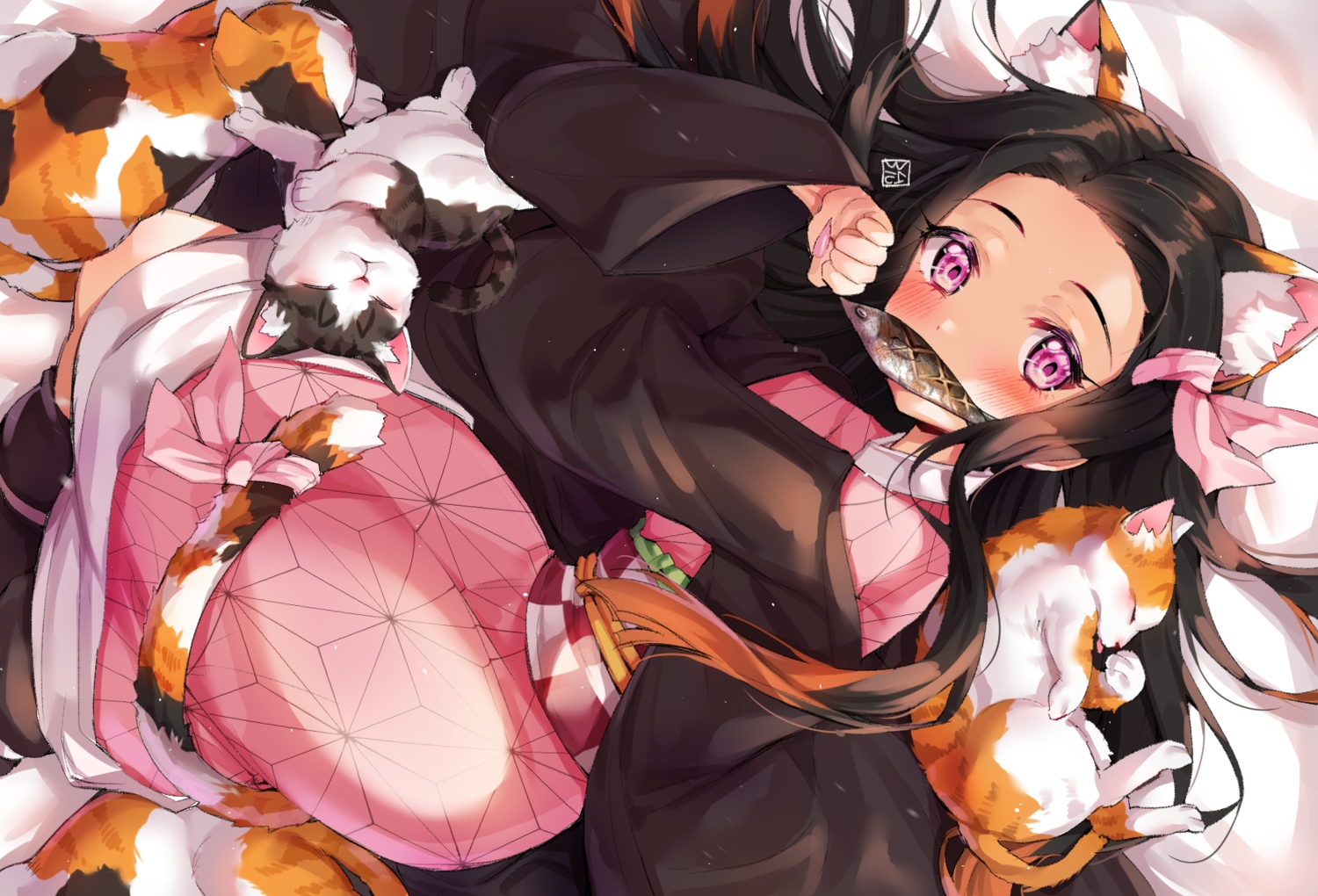 animal animal ears black hair blush cat catgirl fish food japanese clothes kamado nezuko kimetsu no yaiba long hair marin704 purple eyes signed tail. konachan.com.com Anime Wallpaper