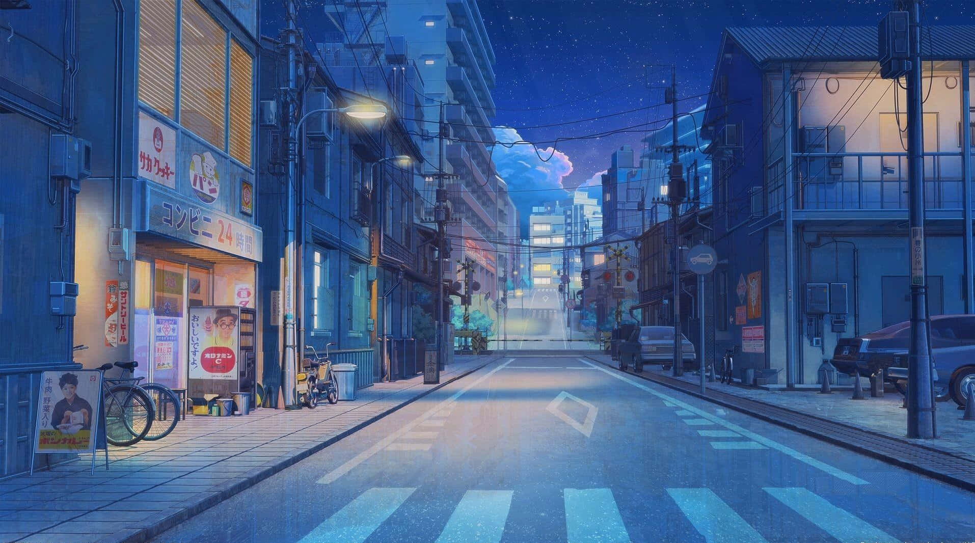 Download Blue Anime Japanese Street At Night Wallpaper