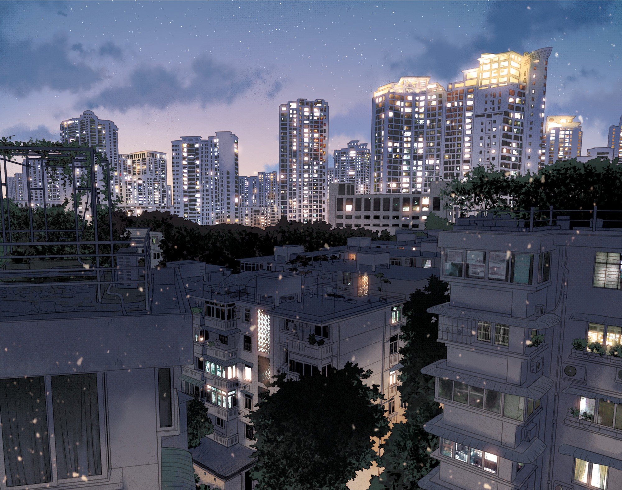 Anime city Japan landscape dark night wallpaperx1577