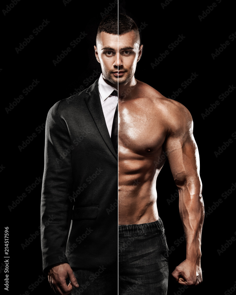 businessman in the suit and Muscular young fitness sports man. Workout with dumbbell in fitness gym
