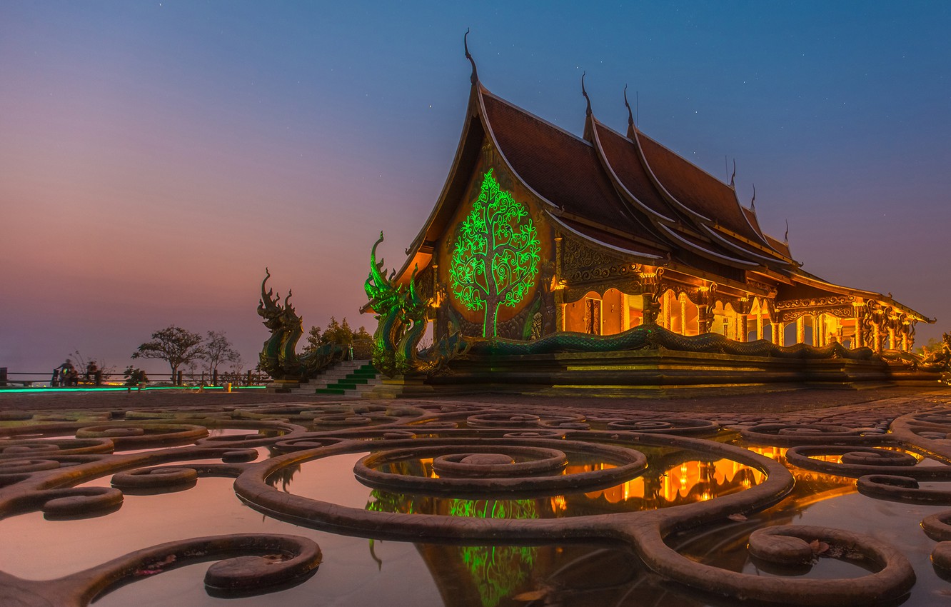 Wallpaper the sky, water, design, lights, dragons, stars, the evening, Thailand, temple, Thailand, sculpture, Ratchathani Province image for desktop, section город