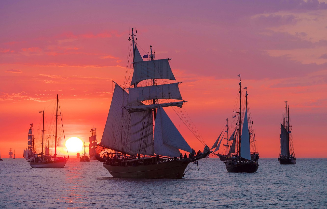 Wallpaper sunset, ship, sailboat, Germany, Rostock, parade, regatta, Warnemunde image for desktop, section пейзажи