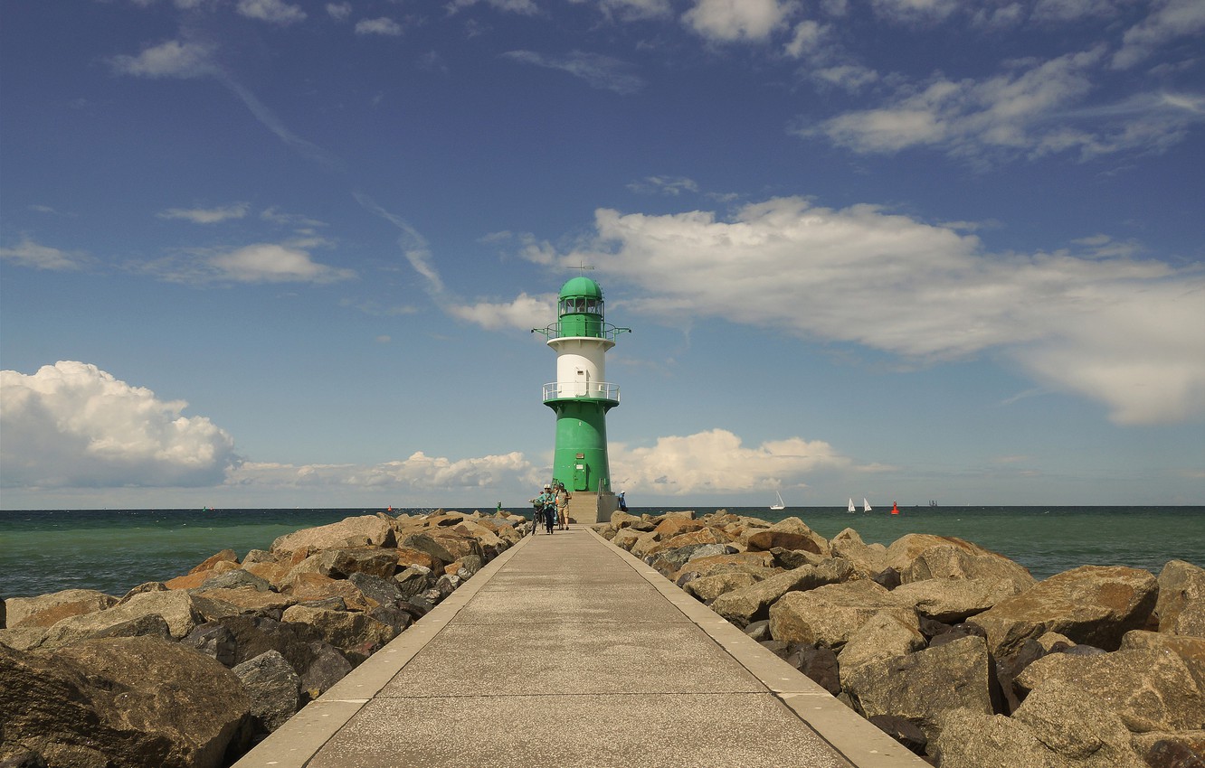 Wallpaper sea, white, green, people, rocks, green, lighthouse, boats, Germany, Rostock, white, sea, Germany, rocks, people, way image for desktop, section пейзажи