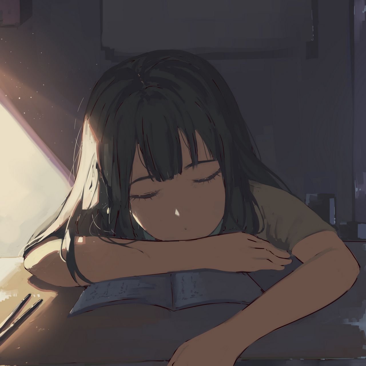 Download wallpaper 1280x1280 girl, sleep, study, anime ipad, ipad ipad mini for parallax HD background