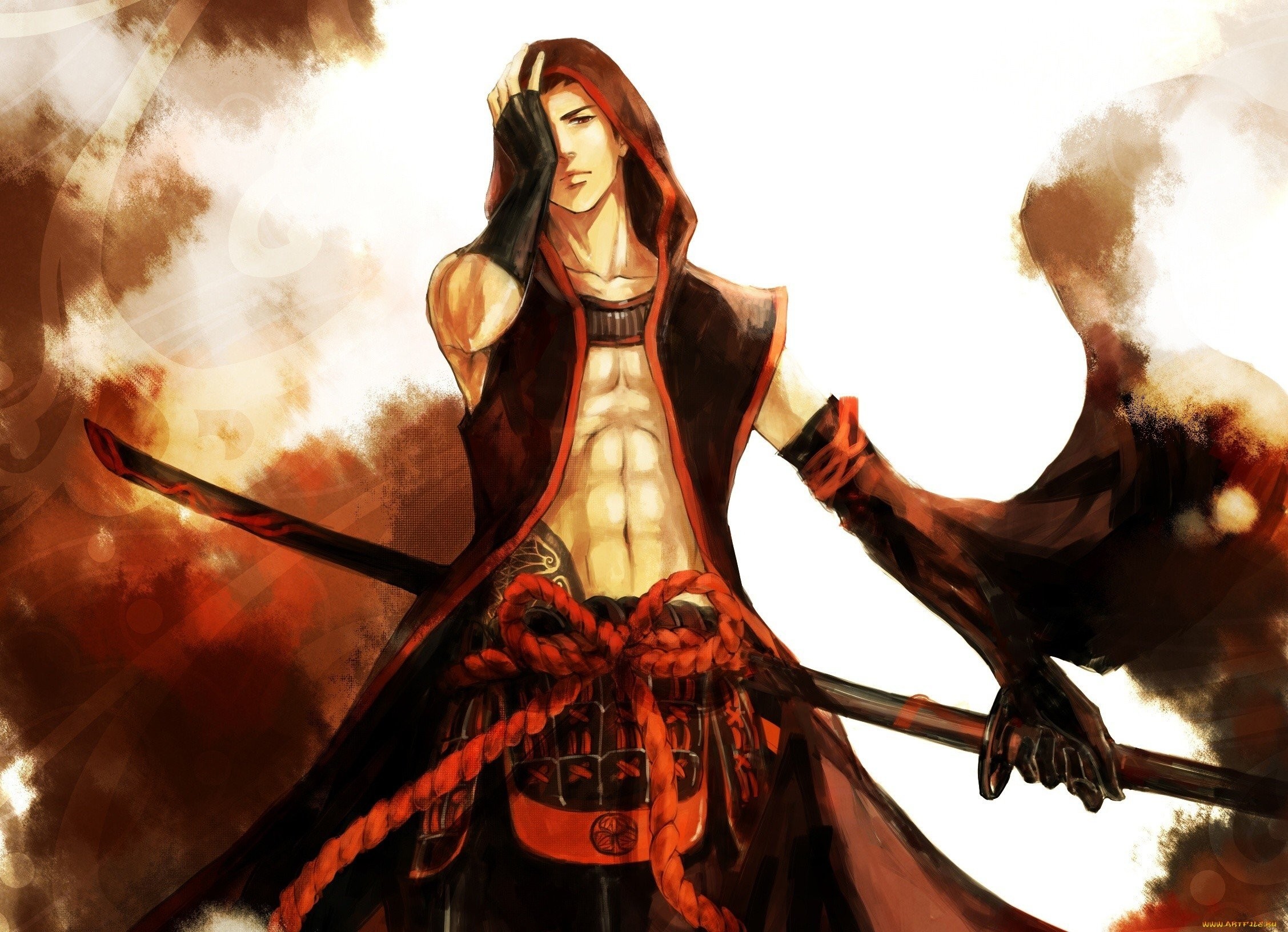 Anime character male sword warrior red wallpaper