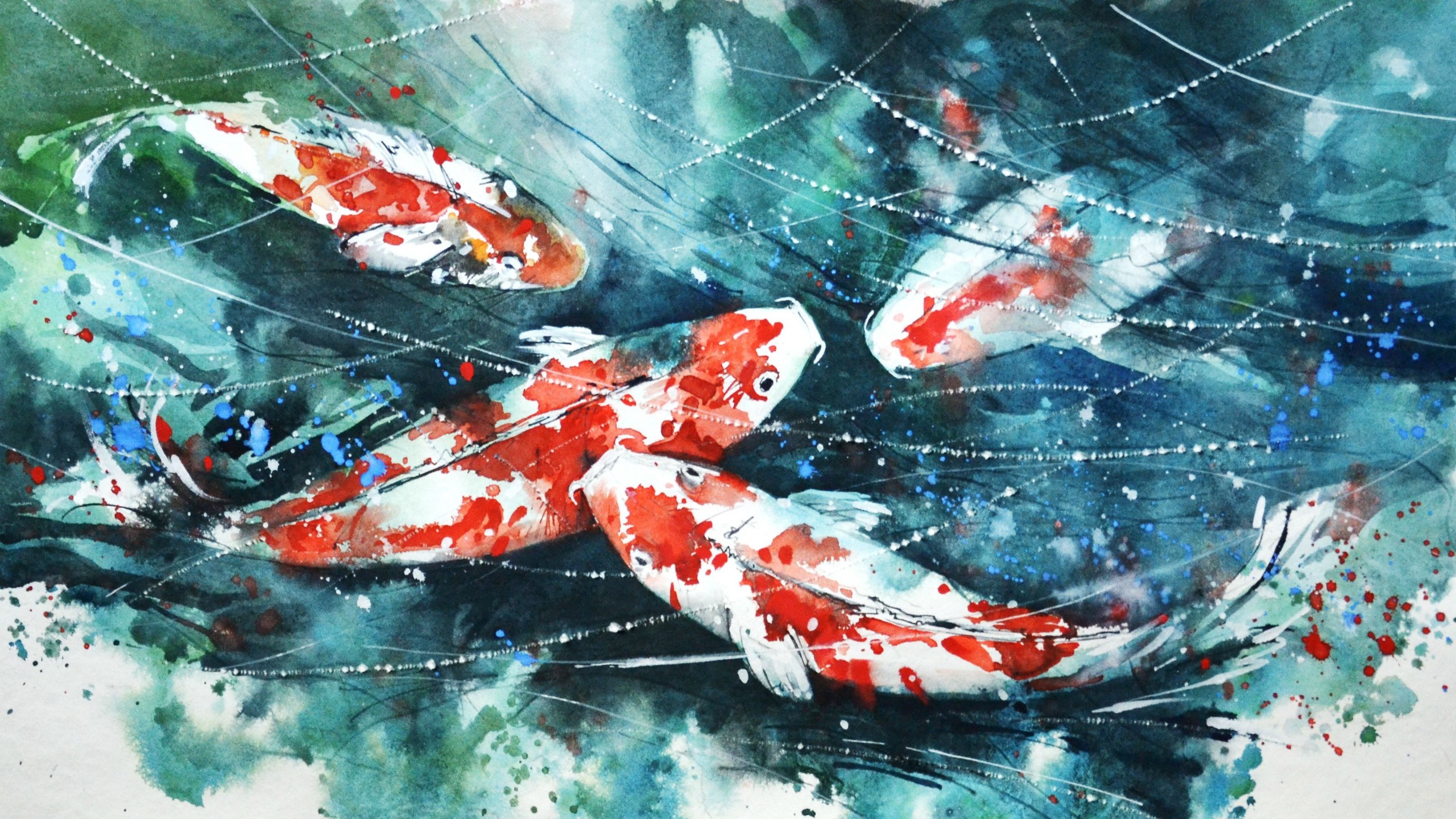 watercolor, koi, artwork, paint splatter, painting, fish Gallery HD Wallpaper