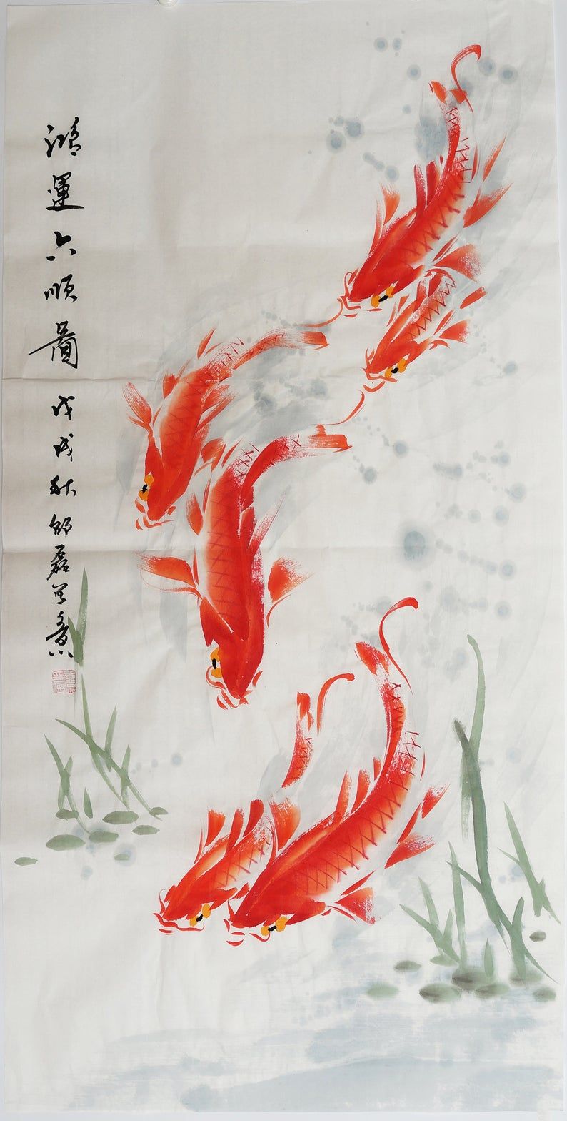 100% Hand Painted Chinese Watercolor Koi Fish Art Slender Australia. Koi Watercolor, Fish Painting, Ink Wash Painting