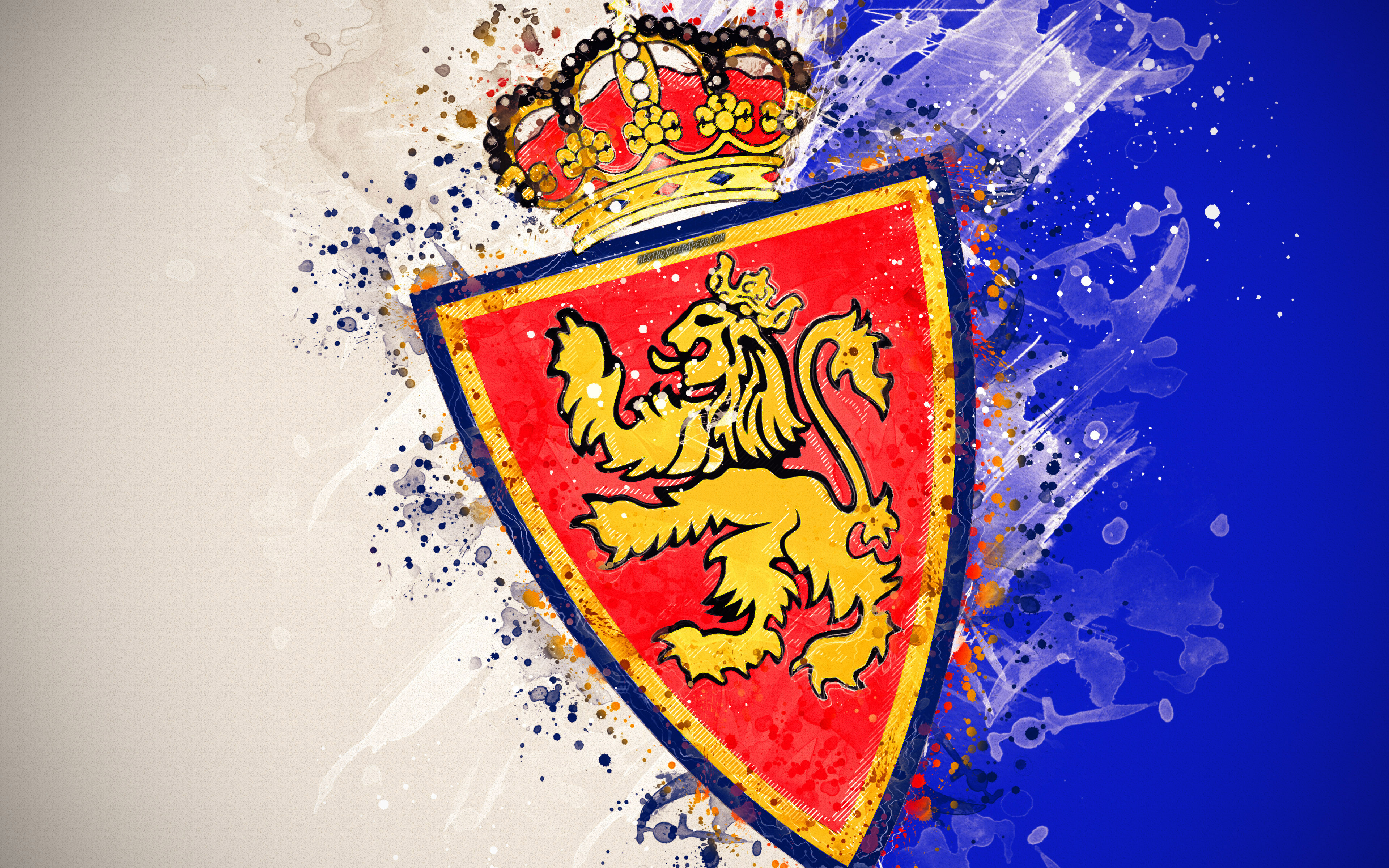 Download wallpaper Real Zaragoza, 4k, paint art, logo, creative, Spanish football team, Segunda, emblem, white blue background, grunge style, Zaragoza, Spain, Second Division B, football for desktop with resolution 3840x2400. High Quality