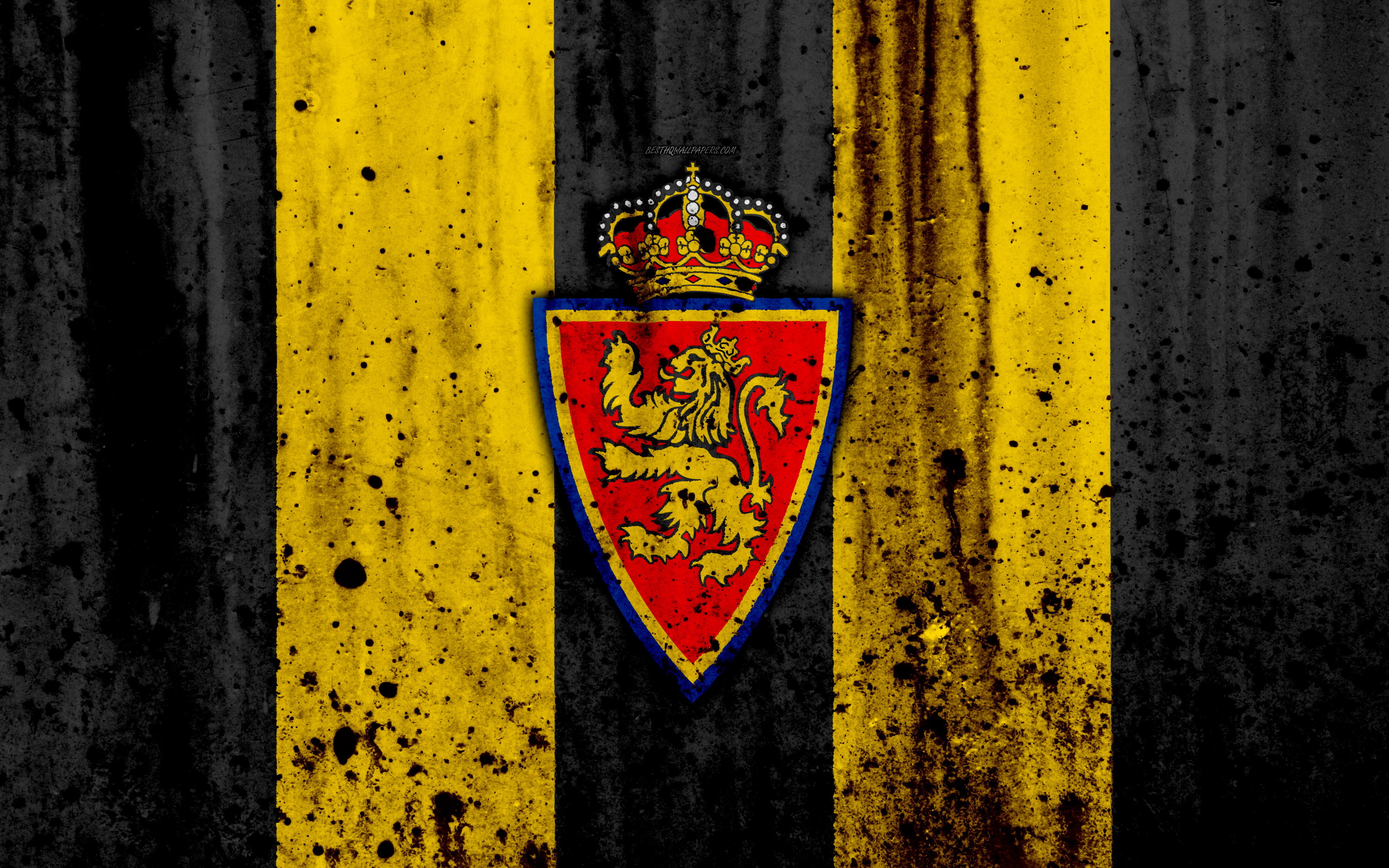 Download wallpaper 4k, FC Real Zaragoza, grunge, Segunda Division, art, soccer, football club, Spain, Real Zaragoza, logo, LaLiga2, stone texture, Real Zaragoza FC for desktop with resolution 3840x2400. High Quality HD picture