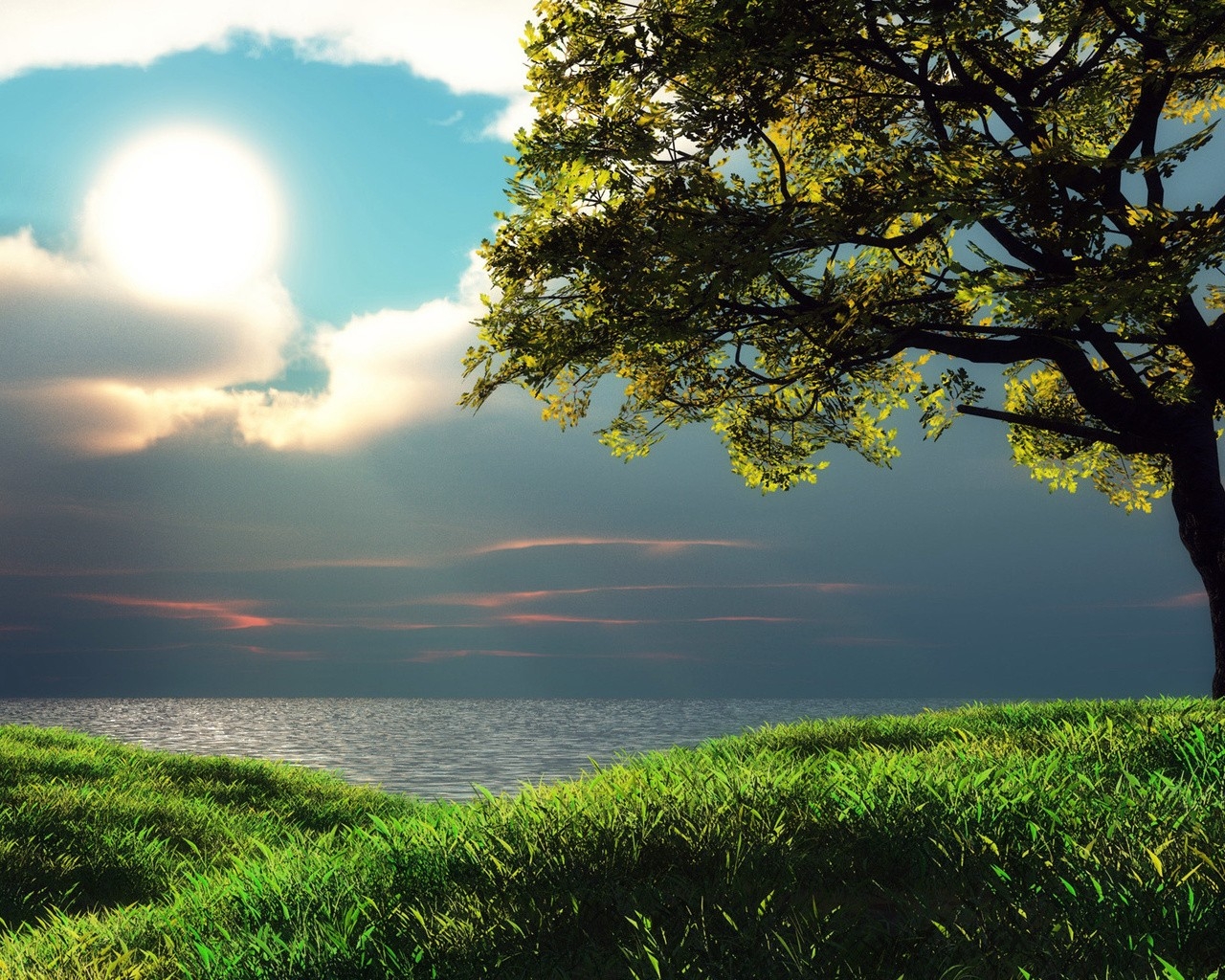 Wallpaper, sunlight, landscape, sea, lake, water, nature, grass, sky, field, clouds, branch, sunrise, calm, evening, morning, horizon, atmosphere, spring, Bank, mount scenery, cloud, tree, leaf, dawn, vegetation, meadow, reservoir, computer wallpaper