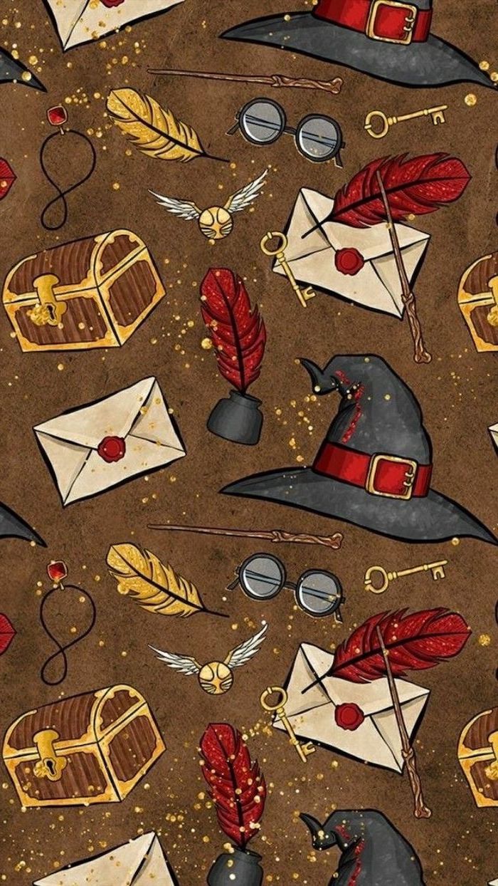 harry potter inspired, kawaii background, magical objects, on a brown background. Harry potter background, Harry potter iphone wallpaper, Harry potter wallpaper