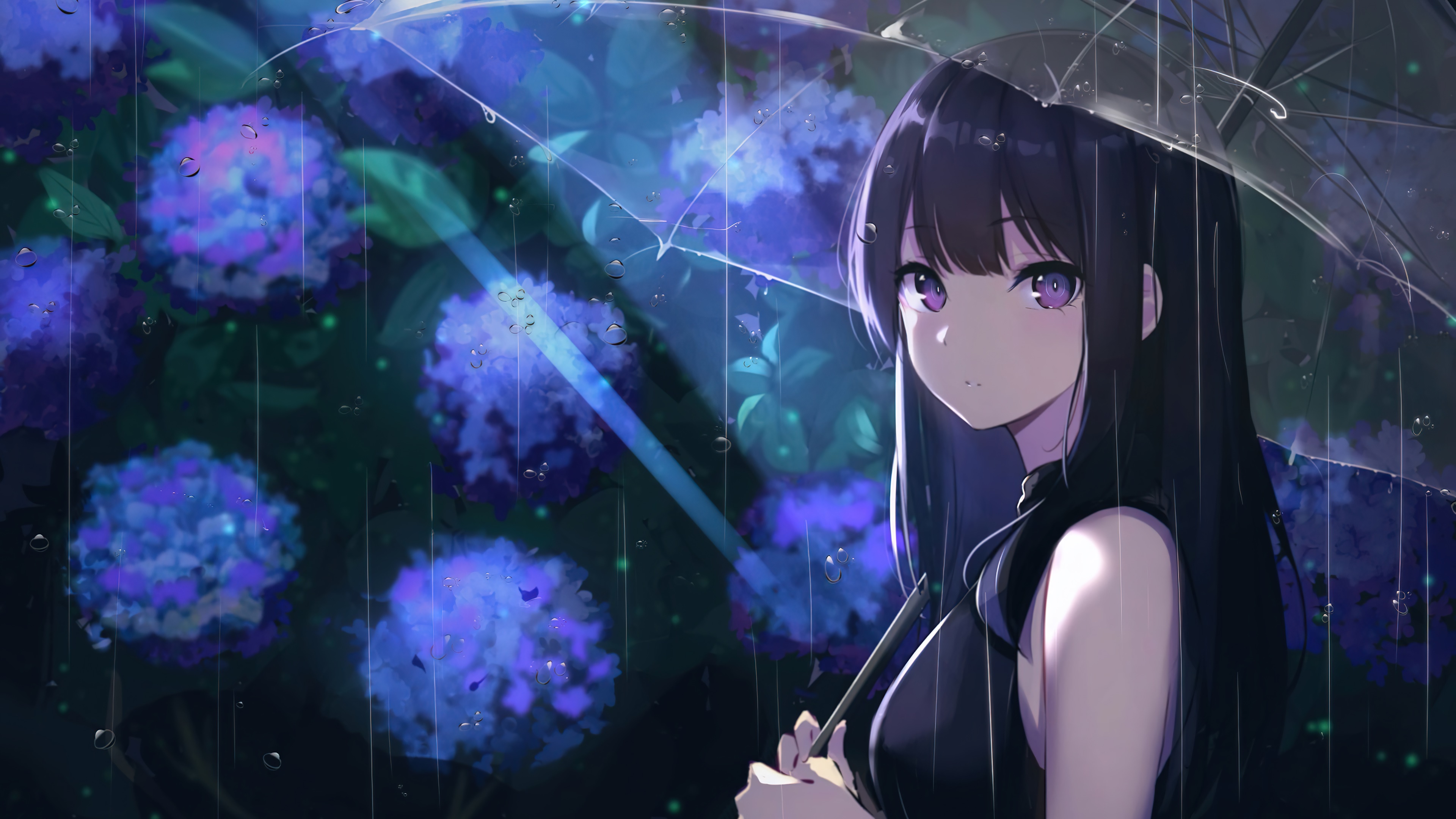 wallpaper, anime, girl, flower, umbrella, raining, 4k, HD Gallery HD Wallpaper