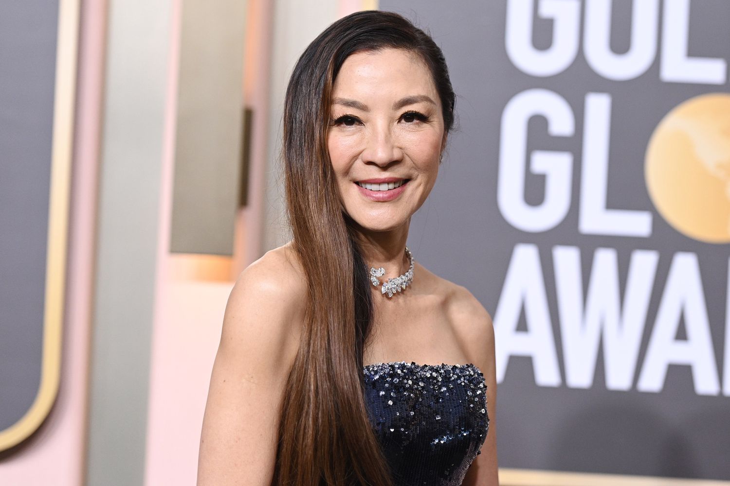 Michelle Yeoh Wears Sparkly Midnight Blue Gown to 2023 Golden Globes