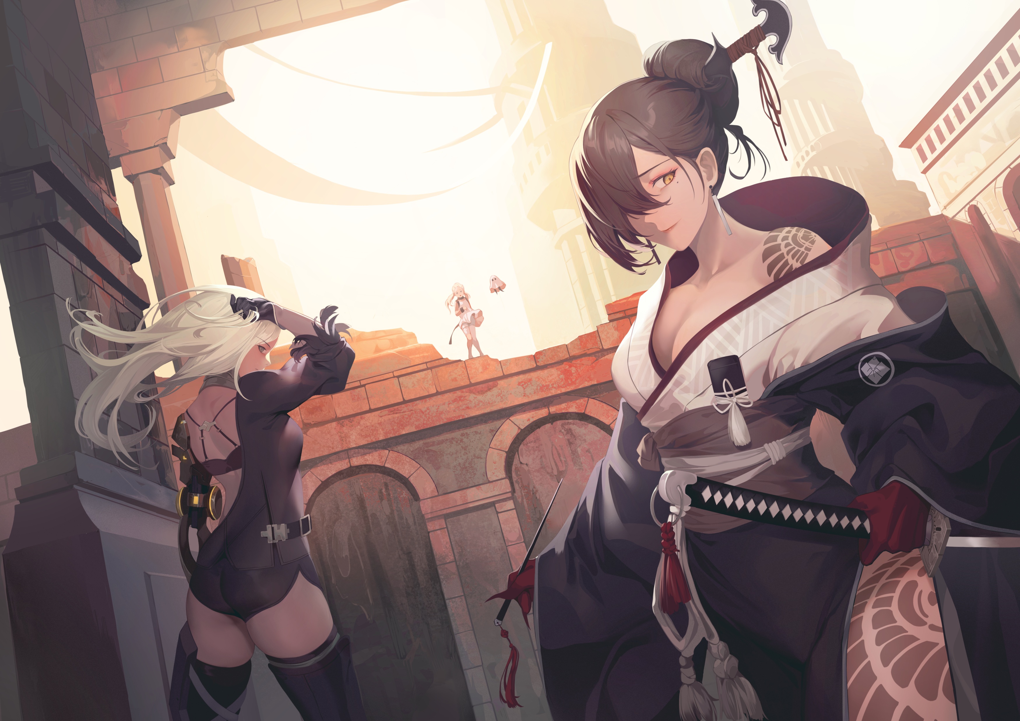 akeha (nier reincarnation) ass blonde hair blue eyes breasts brown hair cleavage dress gloves gray eyes japanese clothes katana kimono long hair nier nier: automata nier reincarnation short hair shorts sword tattoo