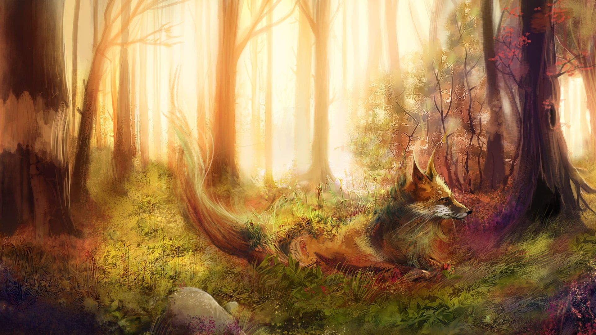 Art painting, fox, forest, trees, grass, rocks #Art #Painting #Fox #Forest #Trees #Grass #Rocks P #wallpaper #hdwallpaper #d. Fox painting, Fox art, Painting