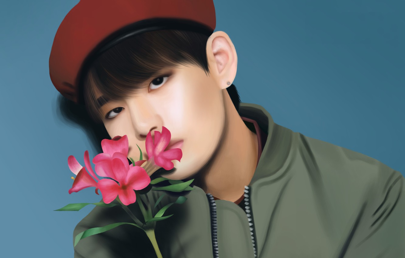 Wallpaper flower, guy, BTS, BangTan Boys, Kim Tae Hyung, Bulletproof Boy Scouts, by Yunhosbambi image for desktop, section музыка