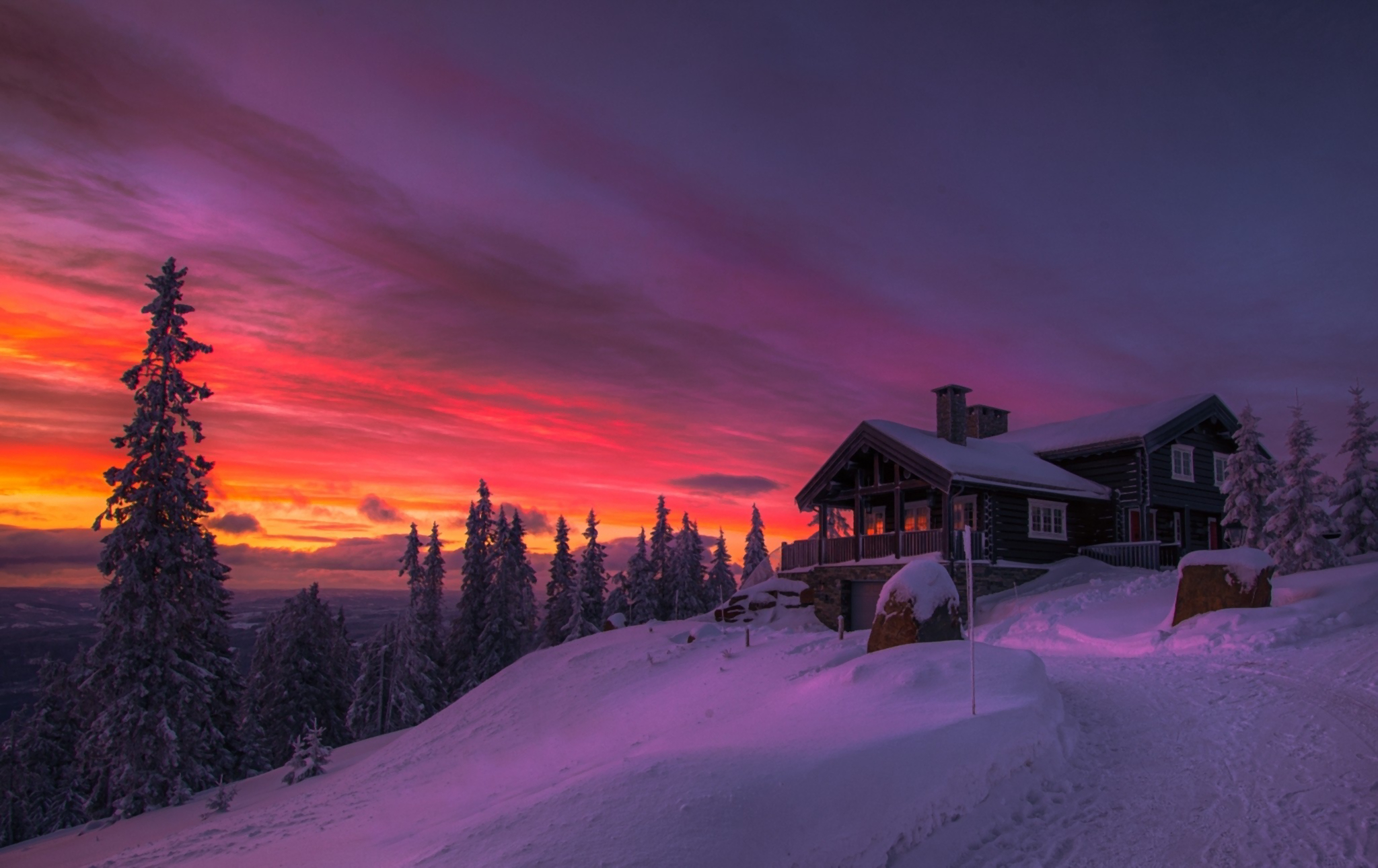 HD desktop wallpaper: Winter, Sunset, Snow, Tree, House, Cabin, Man Made download free picture