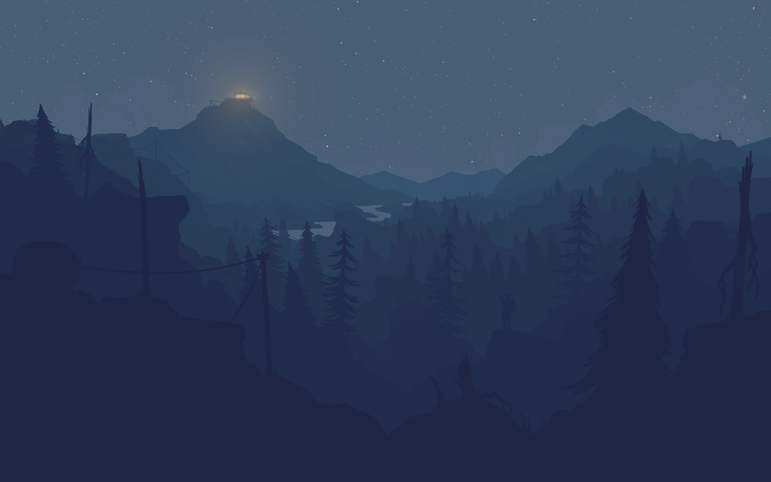 Wallpaper, landscape, video games, night, sky, artwork, moonlight, atmosphere, Firewatch, dawn, screenshot, 2560x1600 px, atmospheric phenomenon, mountainous landforms, geological phenomenon, mountain range 2560x1600