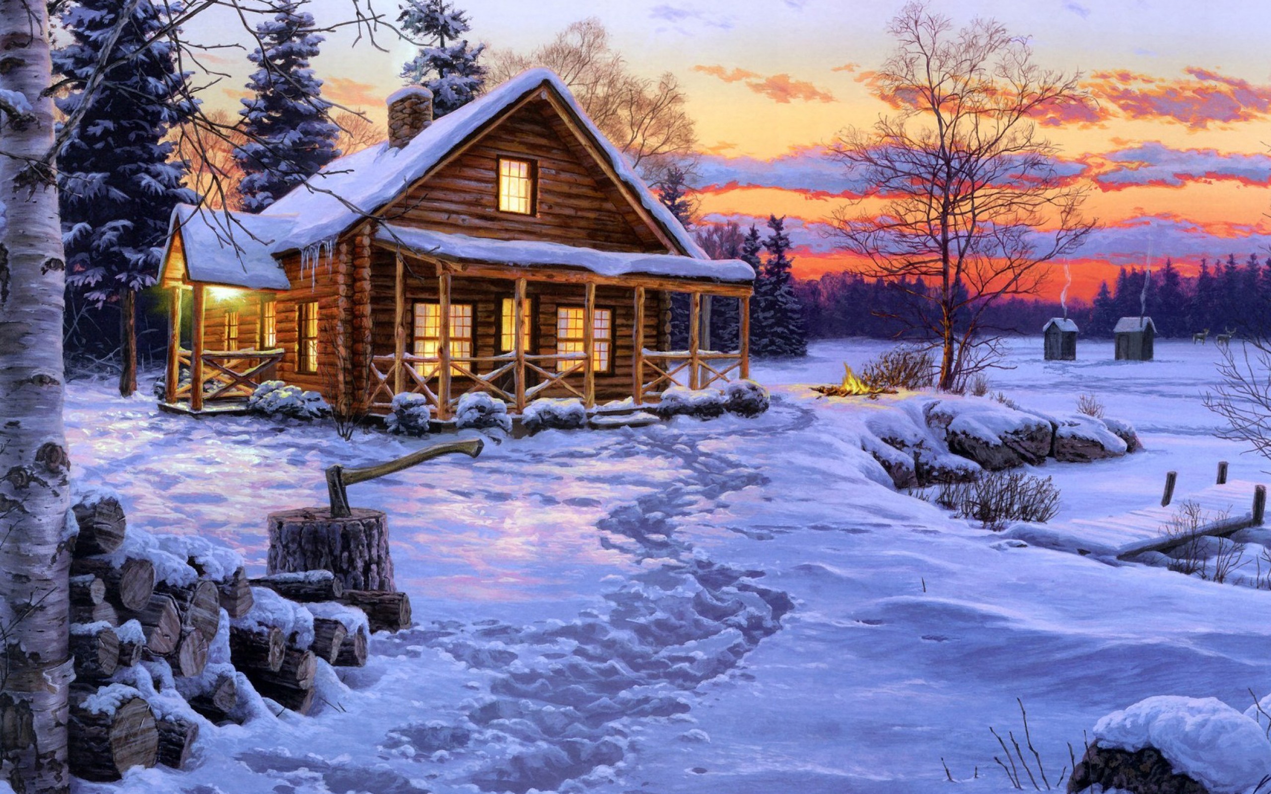 Wallpaper Brown Wooden House Covered With Snow During Sunset, Background Free Image