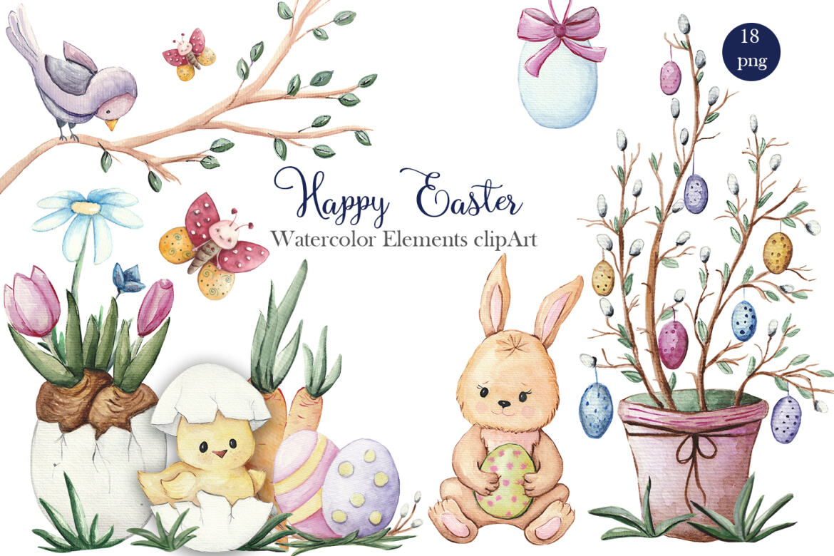 Easter watercolor clipart, spring clipart, tree png easter