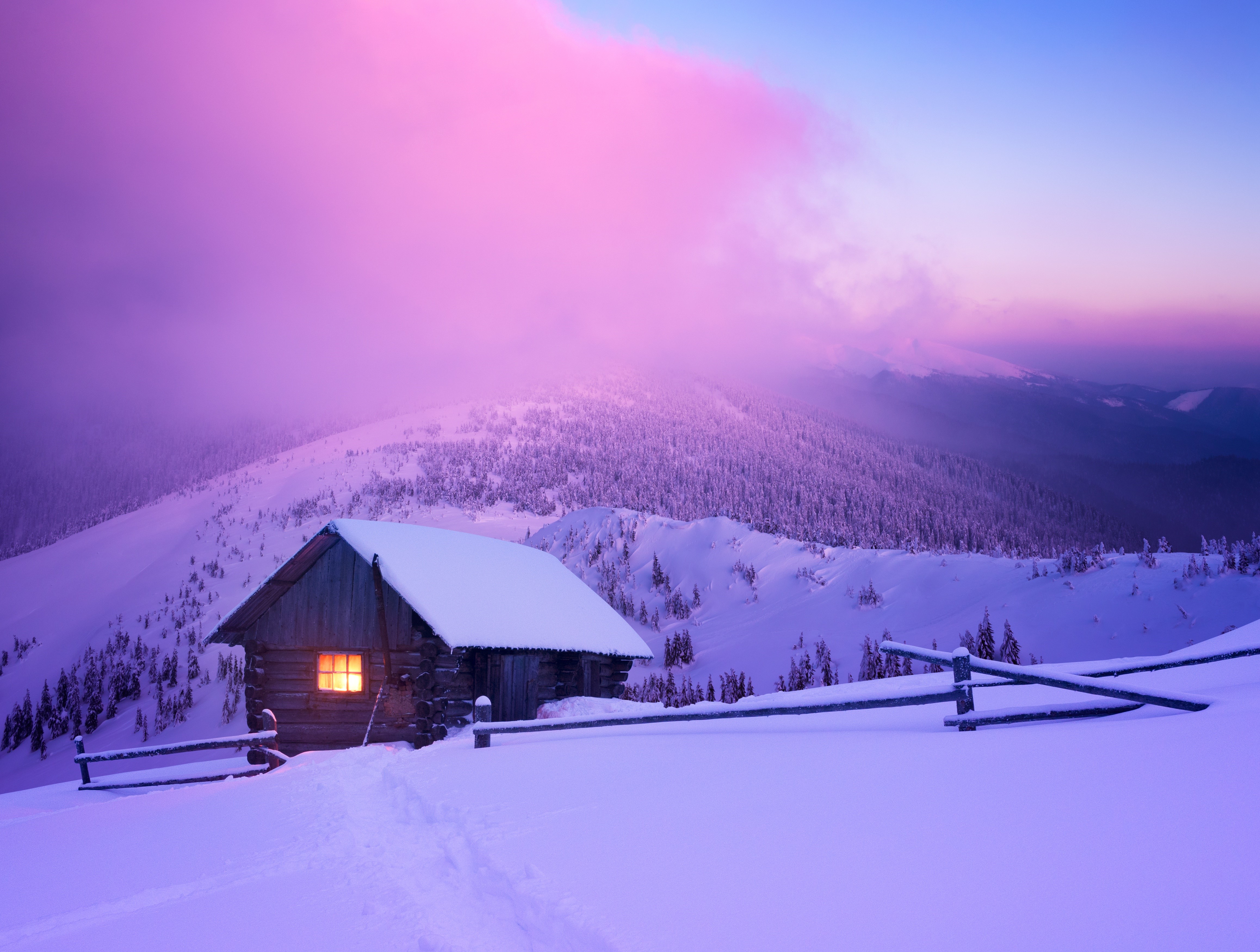 4K, fence, sky, forest, house, nature, mountains, sunset, lights, cabin, landscape, clouds, snow, winter Gallery HD Wallpaper