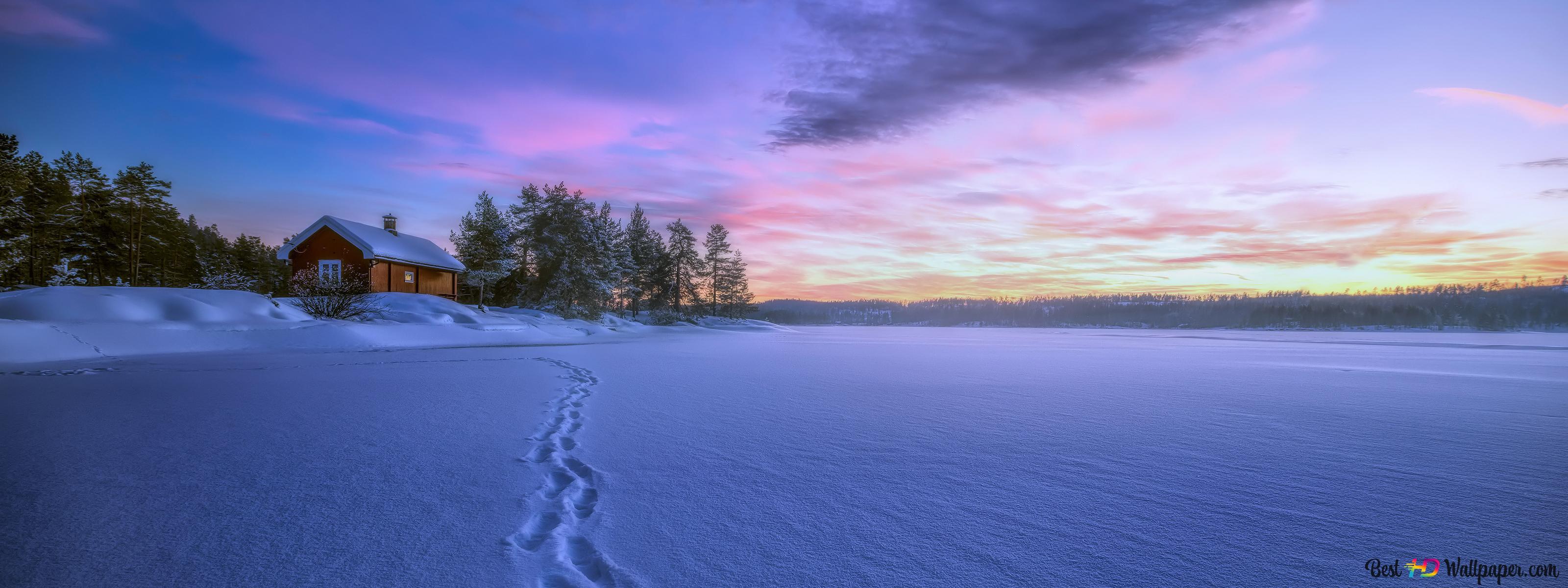Winter Cabin and sunset 4K wallpaper download