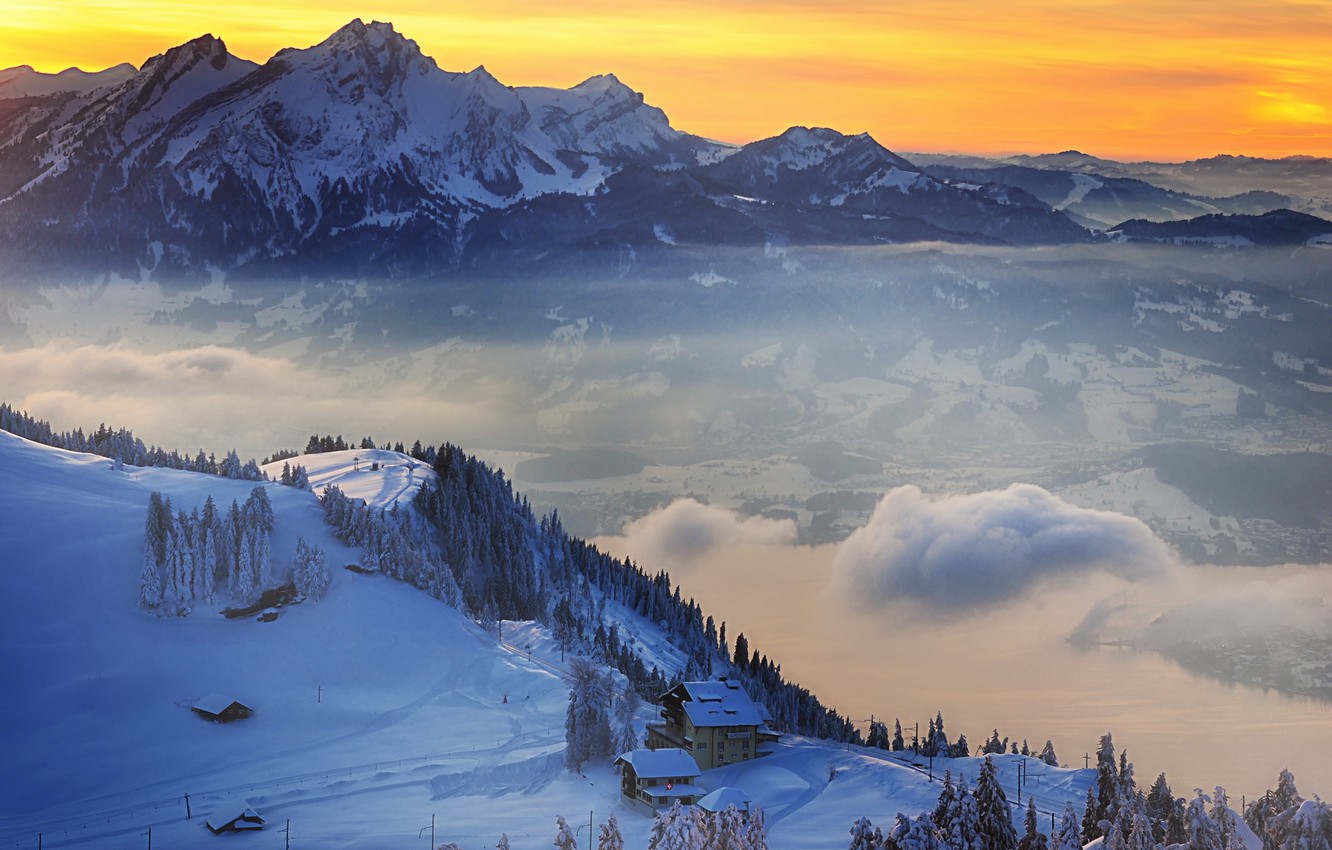 Wallpaper winter, snow, sunset, mountains, Switzerland, village, Switzerland image for desktop, section пейзажи