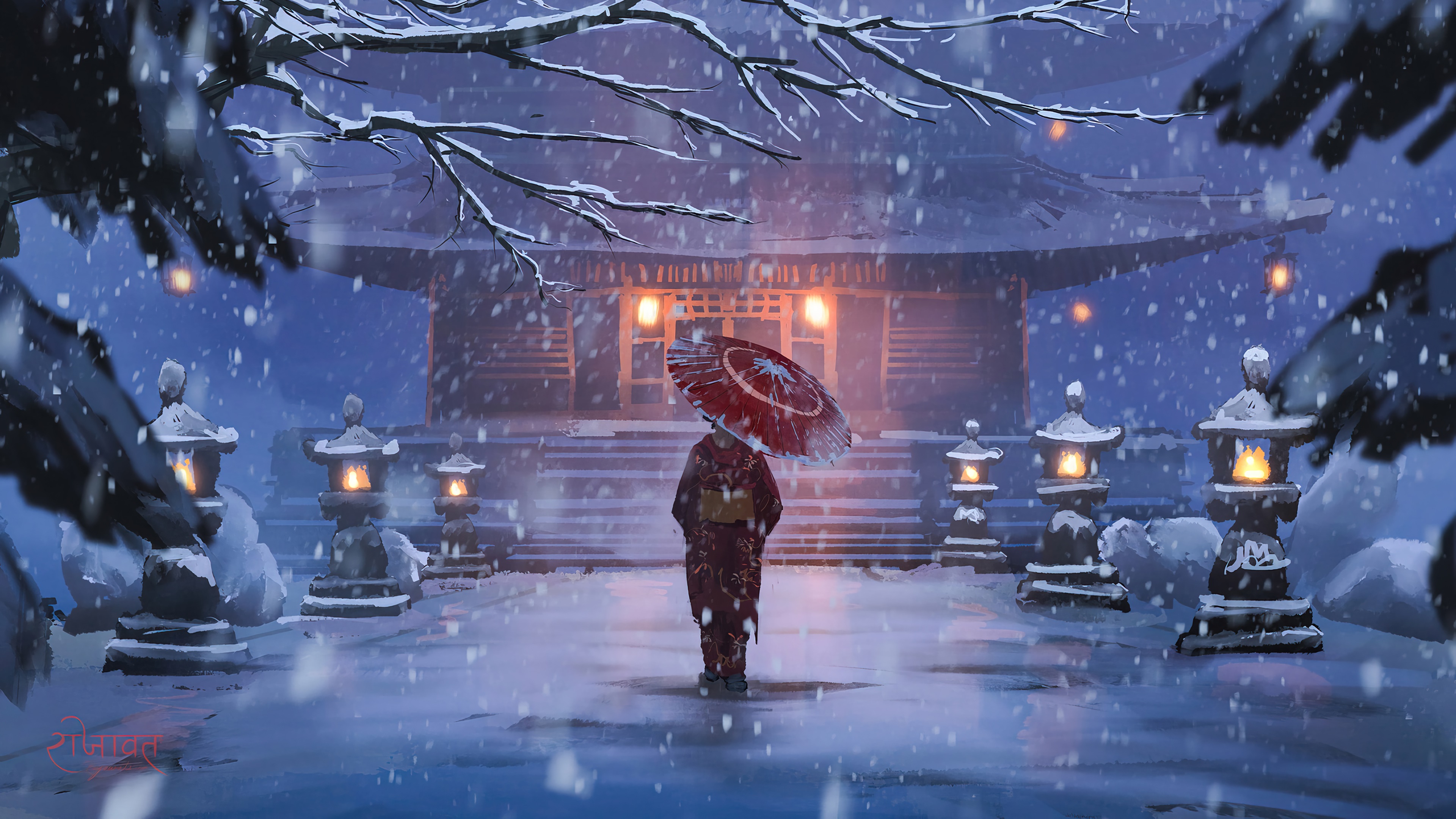 winter, kimono, anime, girl, art, 4k Gallery HD Wallpaper