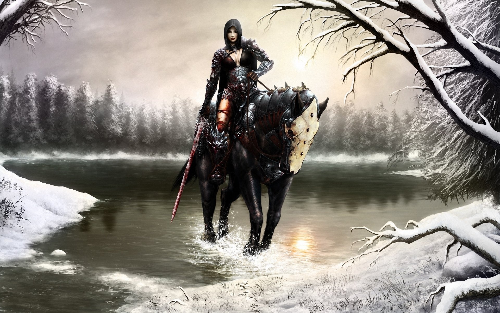 snow, Horse, Blood, Lake, Splash, Girl, Winter, Art, Sword Wallpaper HD / Desktop and Mobile Background