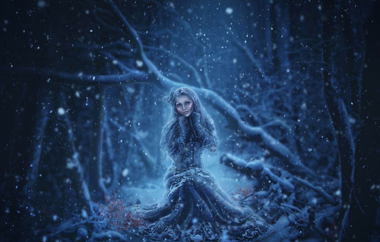 Wallpaper winter, forest, girl, art image for desktop, section фантастика